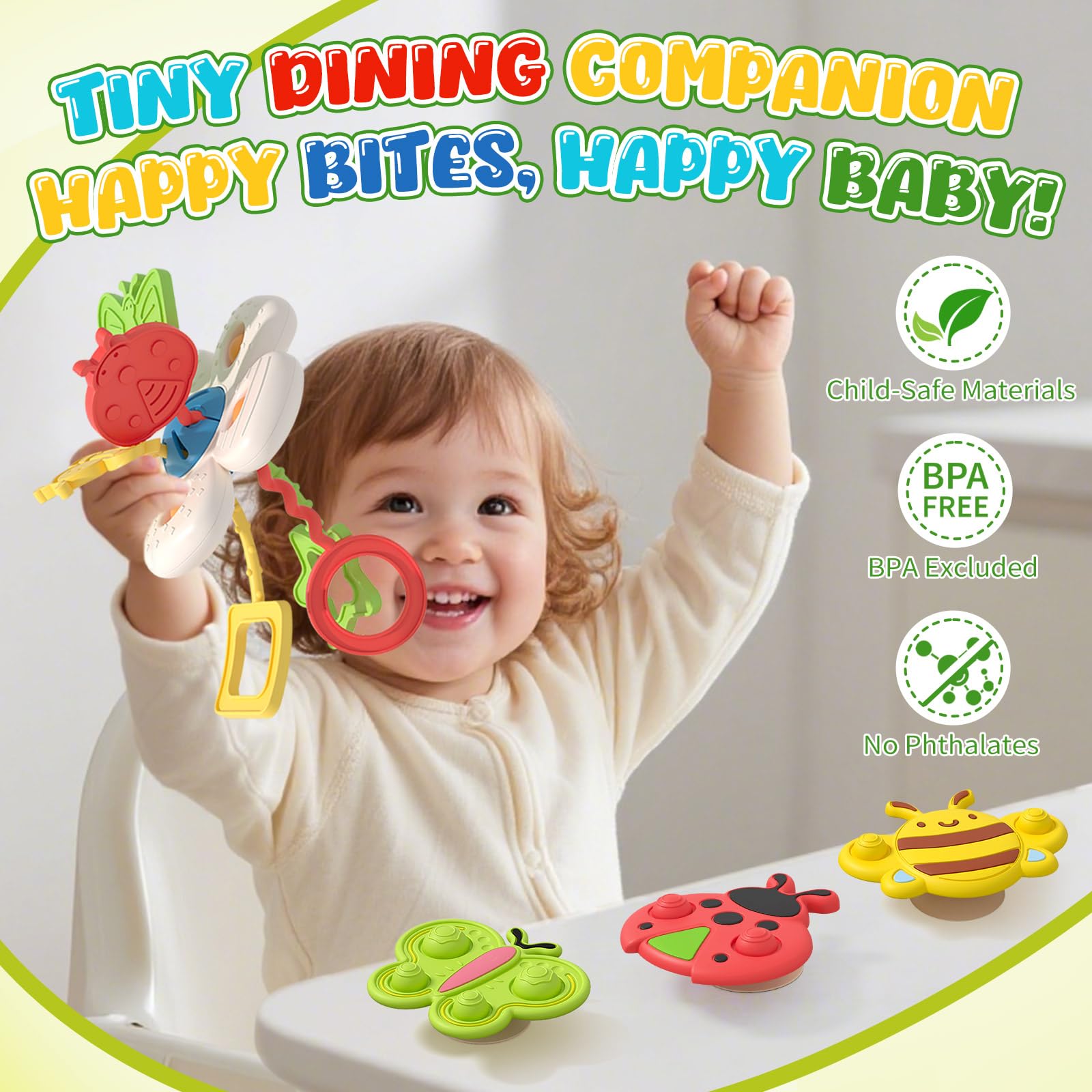 Joollurm 3 Insect Shapes Suction Cup Spinners Bath Toy Set including 1 Montessori Silicone Pull String Activity Toy - Image 4