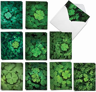 The Best Card Company - 20 Assorted Boxed St. Patricks Day Note Cards, 2 each of 10 designs, with Envelopes 4 x 5.12 Inch - Lucky Clovers AM9079SPG-B2x10