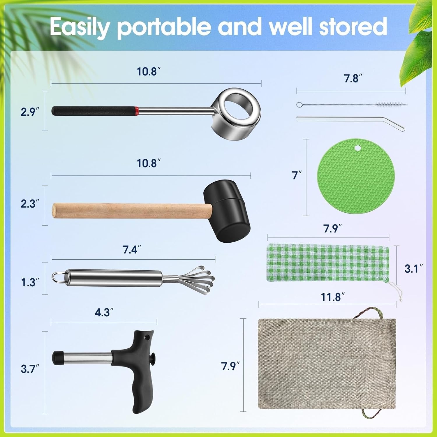 Coconut Opener Tool Set for Young & Mature Coconuts,9 IN 1 Coconut Opener Kit Include Rubber Mallet,Hole Puncher,Meat Remover,Straws Set,Silicone Mat All Fit in 1 bag new thumbnail