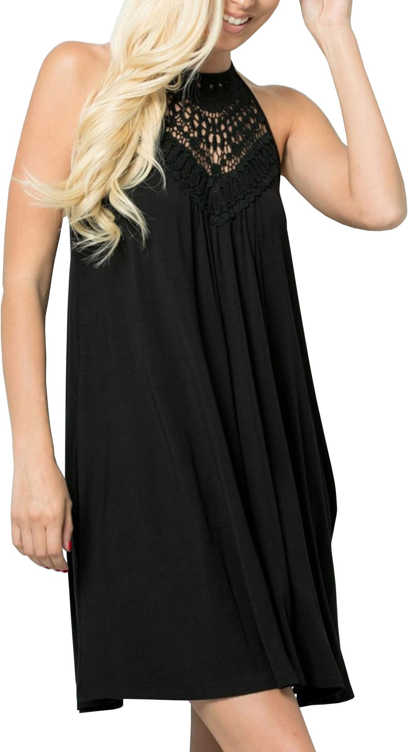 ECOWISH Womens Halter Neck Lace Patchwork Backless Loose Tunic Tank Dress Sleeveless Casual Top Dresses