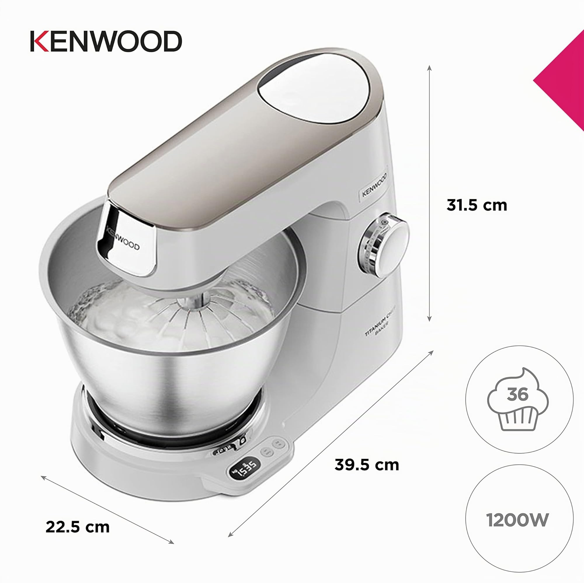 Kenwood Titanium Chef Baker – Küchenmaschine mit Waage inkl. 3-teiligem Patisserie-Set, 5 l Edelstahlschüssel, 1200 W, Weiß (KVC65.001WH)