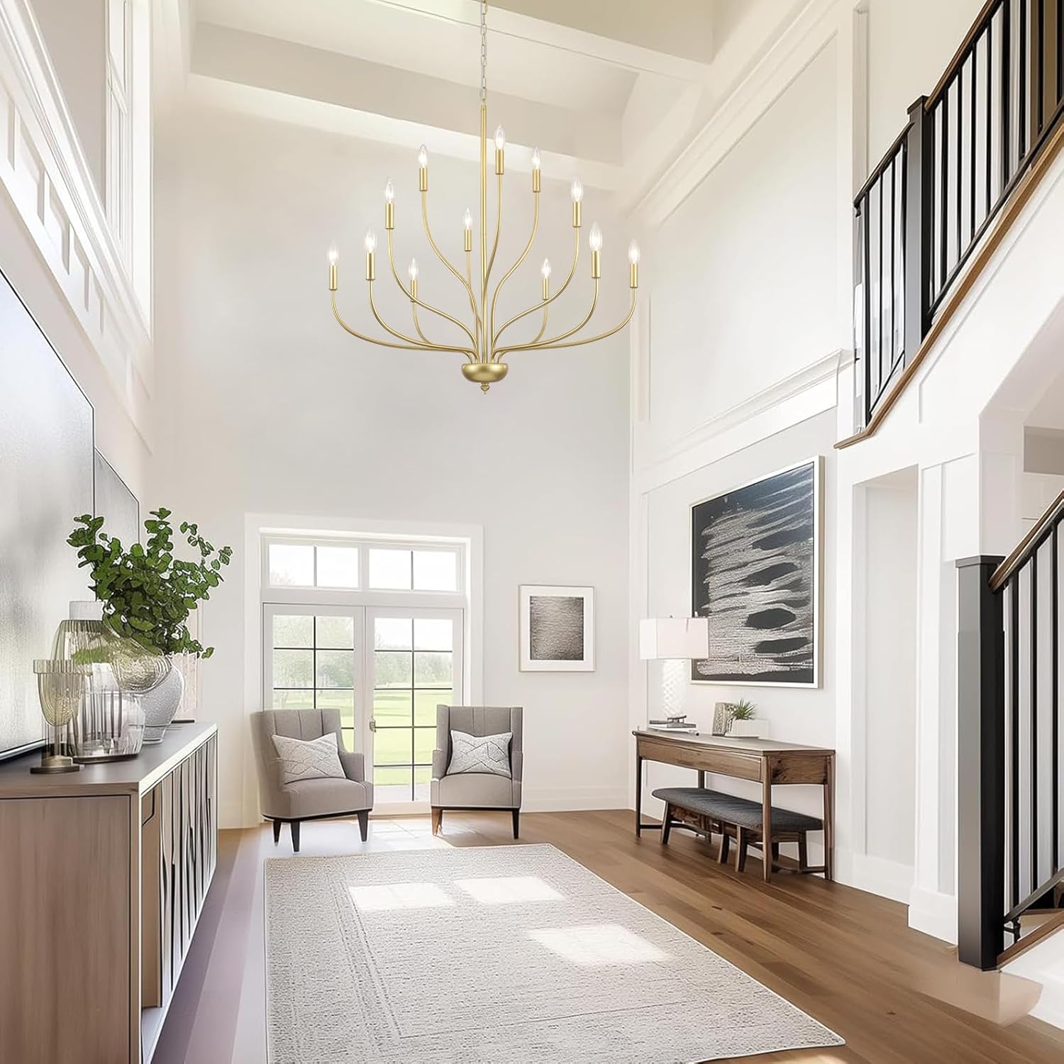 Modern Gold Chandelier for Dining Room,12-Light Gold Chandeliers,34 Inch Large Industrial Hanging Light Fixture for High Ceilings for Living Room, Kitchen, Entryway,Foyer