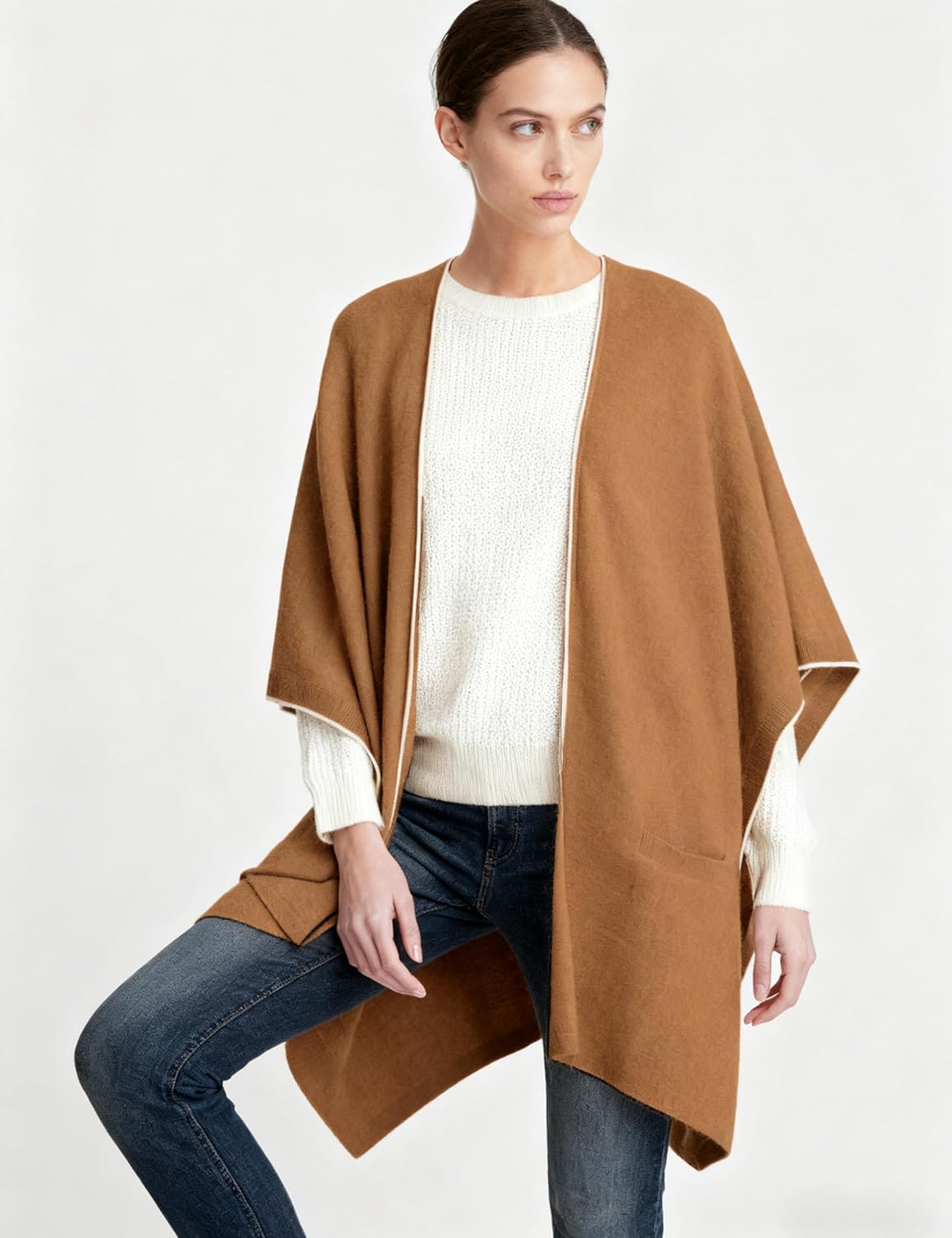 UANEO Shawls for Women Knit Cardigans Casual Open Front Poncho Oversized Cape 2025 Outwear with Pockets - Image 2