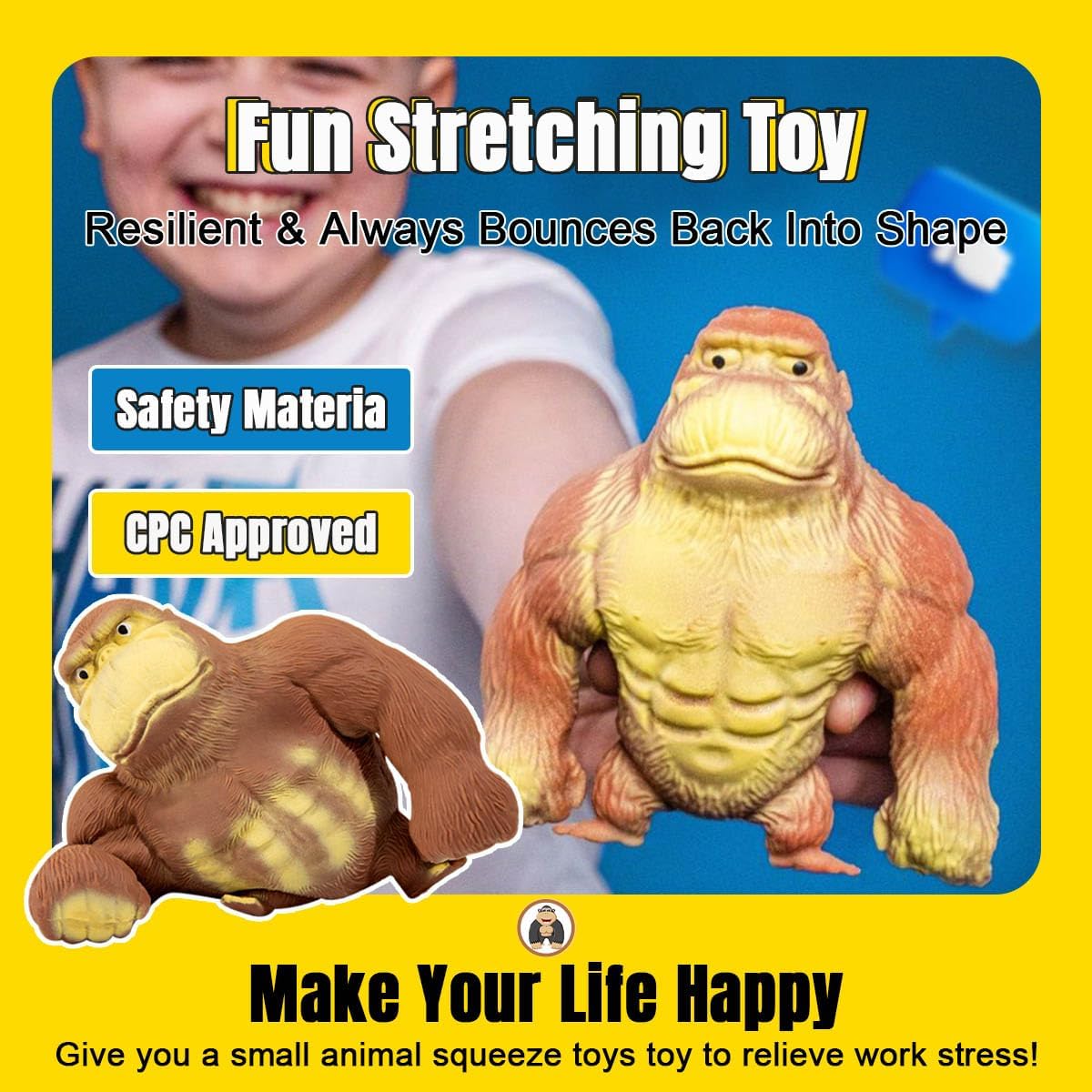 YHan Stretchy Monkey Fidget Toy Squishy Stress Relief for Kids & Adults, Stuffed Animal Plushies, Stretchable & Squeezable Sensory Toys for Anxiety Relief (Small)