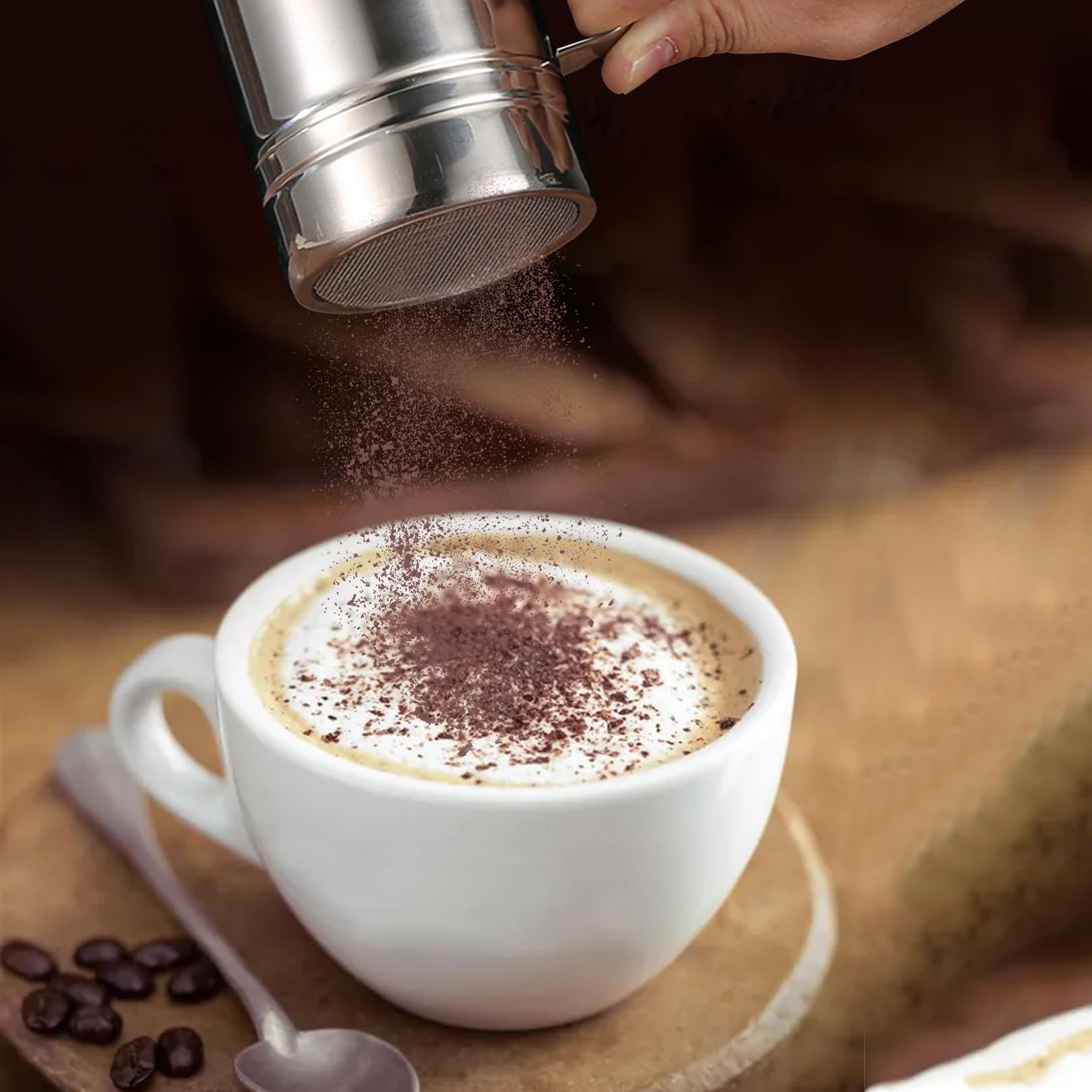 2 Stück Mehlstreuer Kakaostreuer Pulverstreuer Puderzuckerstreuer,Staubzuckerstreuer,Edelstahl mit Streuer Deckel,für Griff Shaker aus Cappuccino,Edelstahl-Pulverstreuer Feiner Frischhaltedeckel