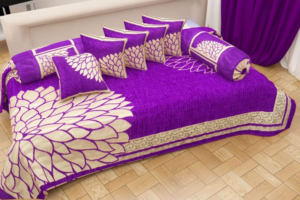 WARISI@ Chenille Velvet 500Tc Floral Patterns Diwan Covers Set - (1 Bed Sheet, 2 Bolsters Cover & 5 Cushion Cover (8pcs) for Living Room, Dining Hall. Guest Room, Hotel, Reception. (Purple Patta)-image-40