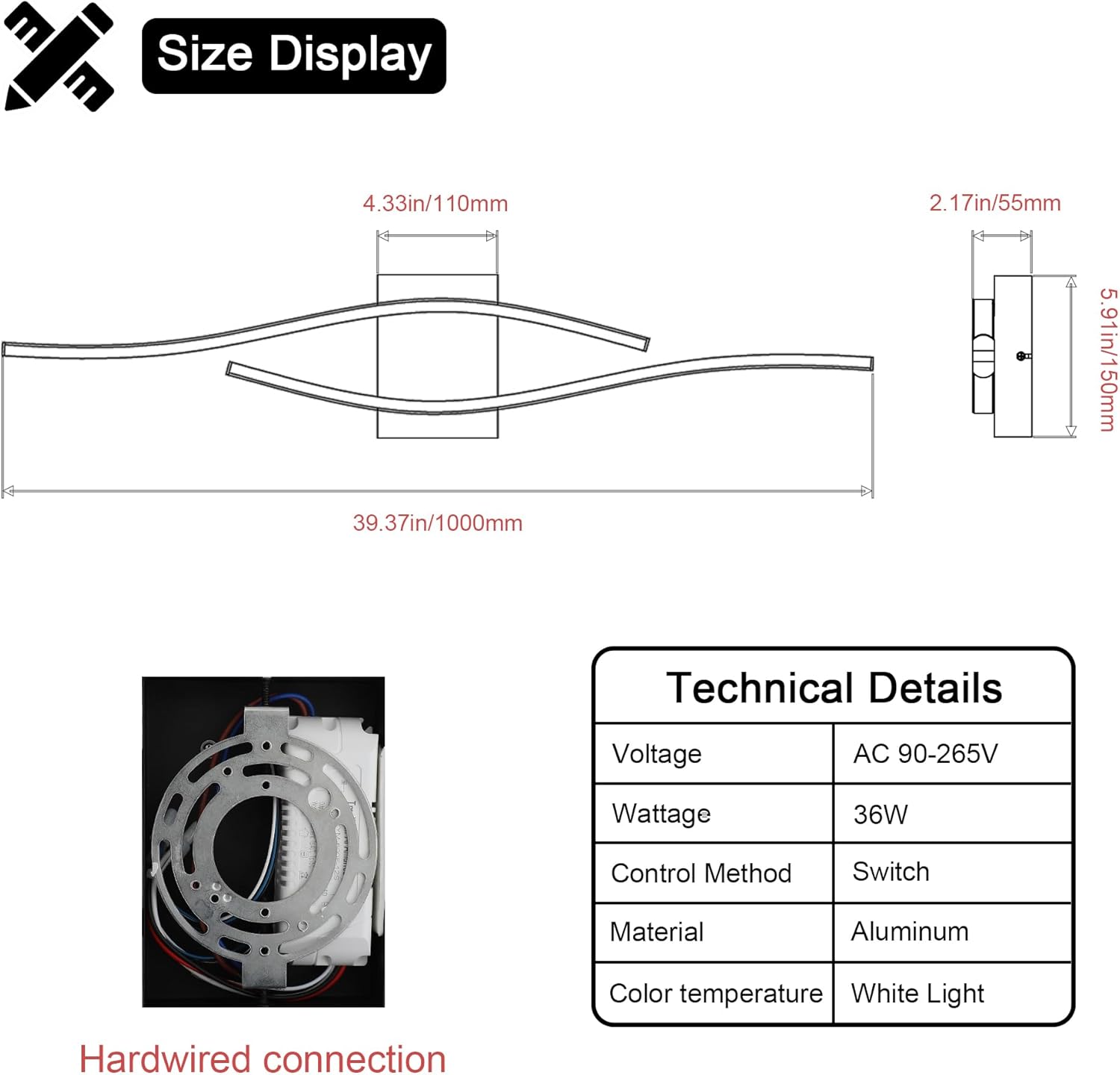 Modern LED Wall Sconce Set of Two with Dimmable, 6000K & Dimming Black Wall Light with LED Wall Lamp for Bedroom Living Room Bathroom Hallway 39.4inch Length