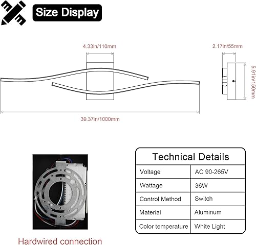 Miniatura 7 de Juego de dos apliques de pared LED modernos con regulable, 6000 K y atenuación negra con lámpara de pared LED para dormitorio, sala de estar, baño,