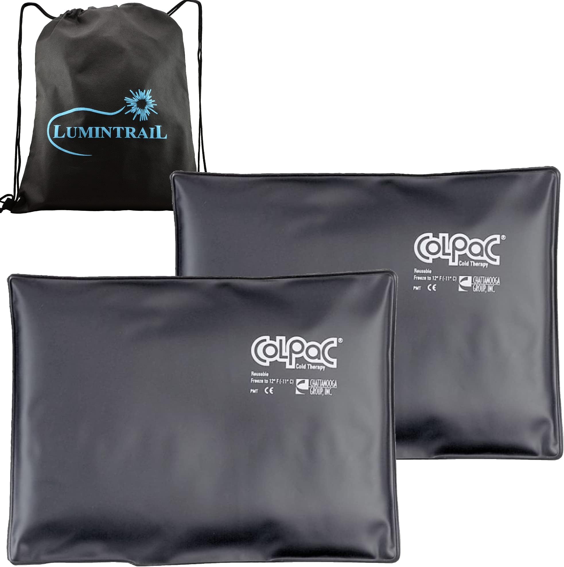 ColPac, Reusable Gel Ice Pack for Cold Therapy, Standard Size 2 Pack Bundle, Black Polyurethane, with a Lumintrail Drawstring Bag