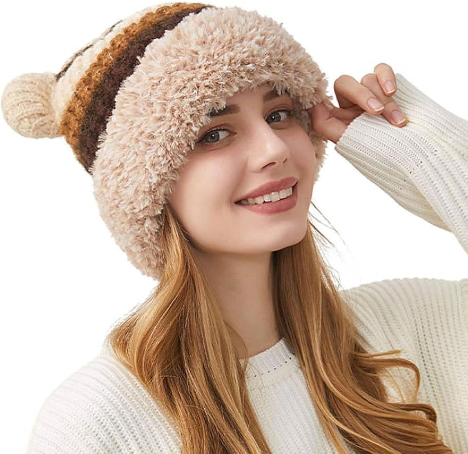 Women's Cute Bear Ear Winter Hat, Knitted Windproof Ear Protection Pullover for Outdoor & Ski Activities