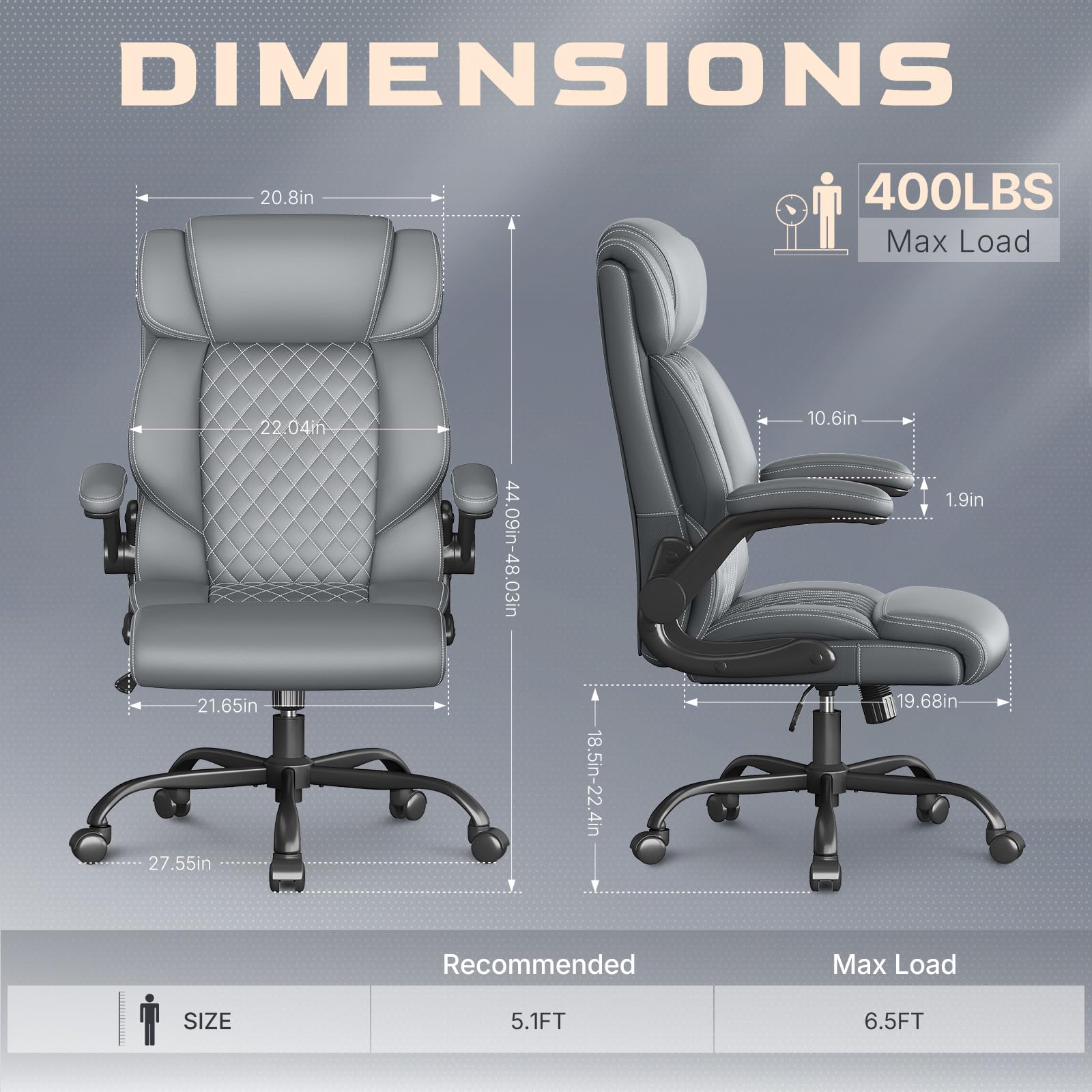 Office Chair Ergonomic Big and Tall Executive Desk Chair Breathable Leather Chair with Adjustable Flip-up Armrests Lumbar Support — view 2