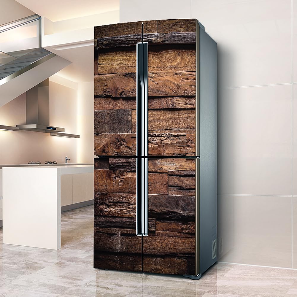 Fridge Stickers, Fridge Sticker Full Covering Door Covers Skins Wall Stickers for Kitchen Decal, Brown Retro Wooden Board Effect(L: 100x180 cm)