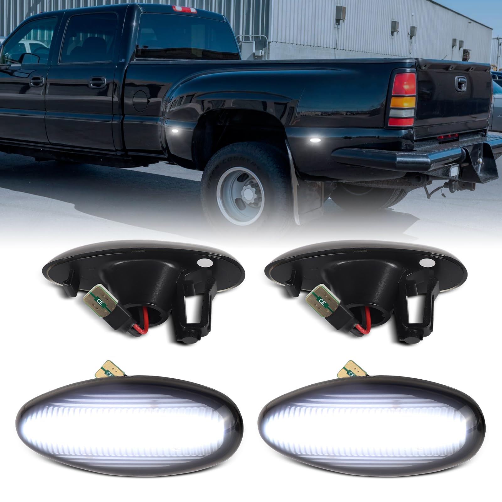 Smoked Lens White LED Side Marker Lights for 2001-2014 Chevy Silverado GMC Sierra 2500HD 3500HD Dually Bed Fender Front Rear Sidemarker Lamps, 4PCS