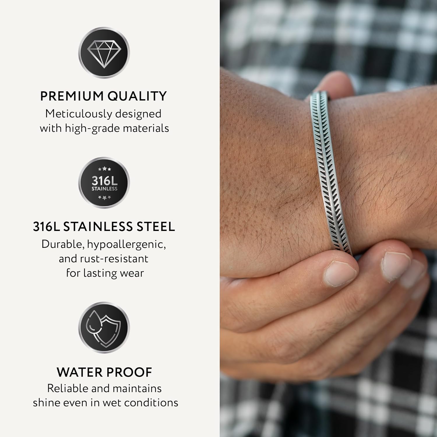 Cuff Bracelet for Men Premium Stainless Steel Mens Bangle Bracelets Silver Cuff Bracelet Waterproof & Non-Tarnish Minimal Western Bracelet - Image 2