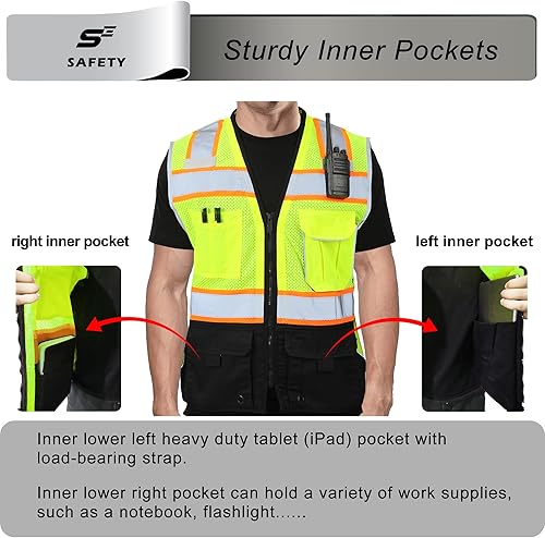 Miniatura 4 de sesafety Chaleco de seguridad reflectante con bolsillos y cremallera, chaleco de construcción de alta visibilidad, chaleco Hi Vis, negro, XL