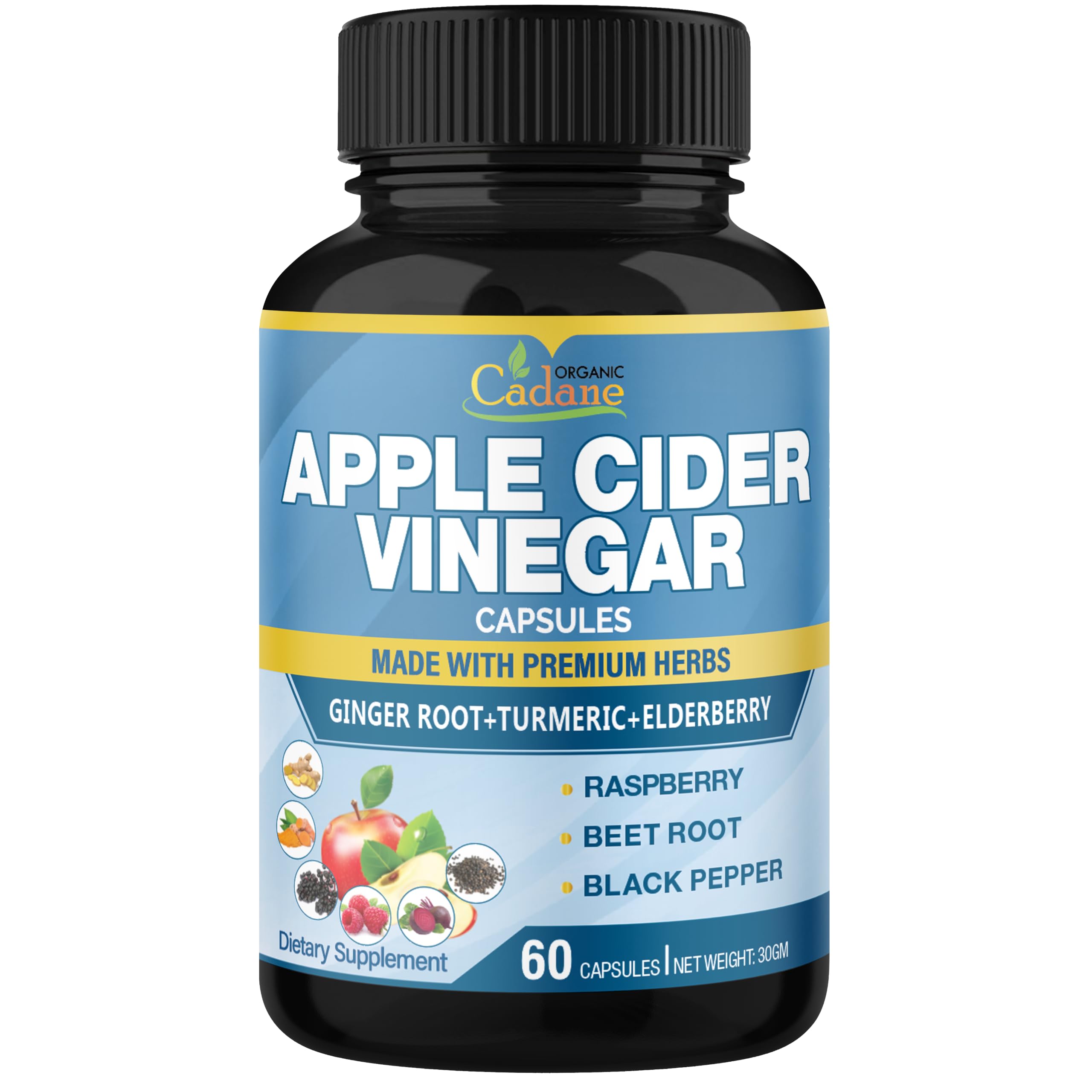 Organic Cadane 2 Packs Apple Cider Vinegar Extract Capsules, 4 Months Supply & Ginger, Turmeric Curcumin, Elderberry, Raspberry, Beet Root, Pepper | Immune System, Digestion Supports