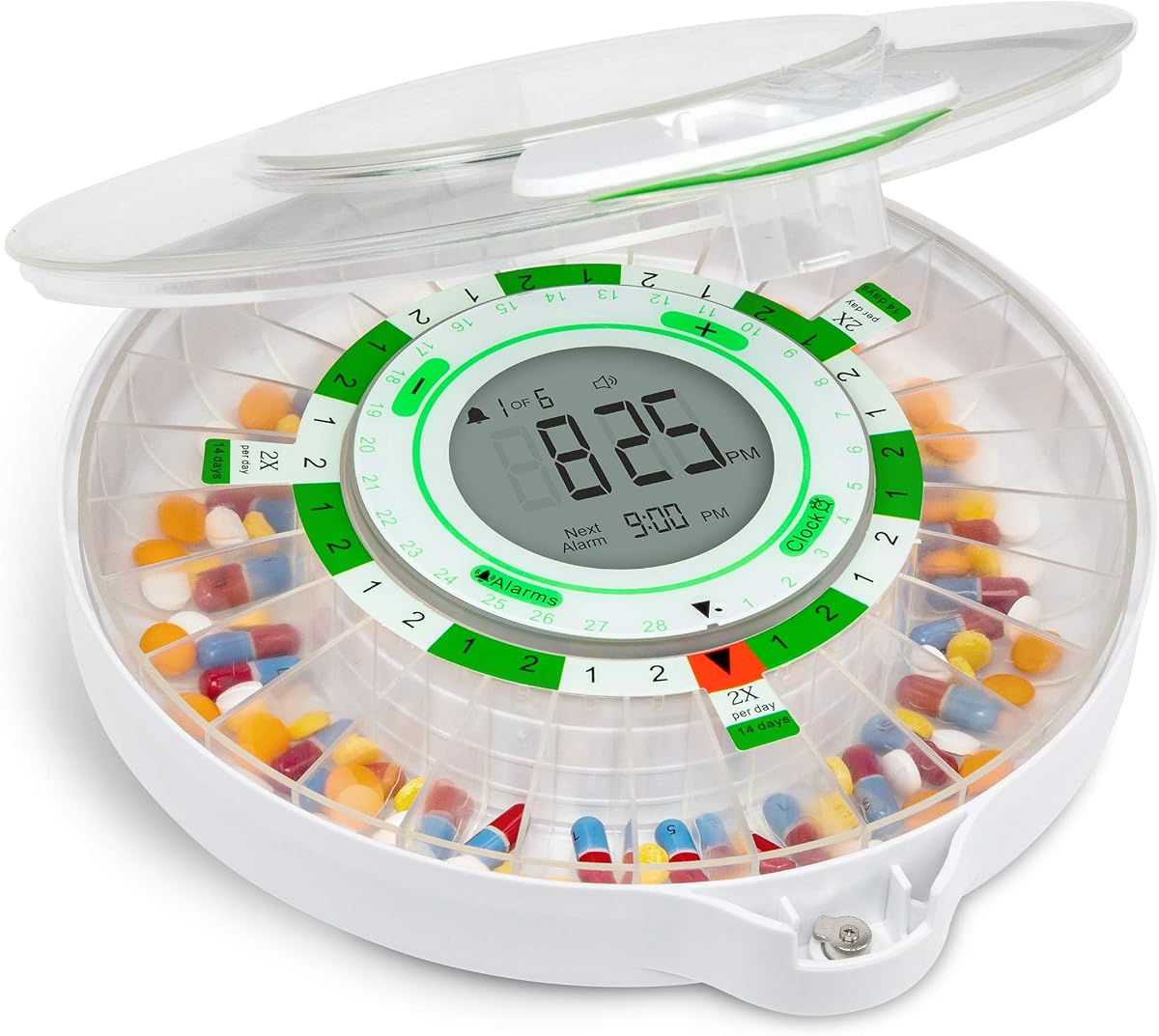 LiveFine Automatic Pill Dispenser for Elderly, 28-Day Supply, Clear Lid | For caregivers managing dementia patient's meds - a locking cover and dosage rings for up to 9 daily alarms simplify dosing.