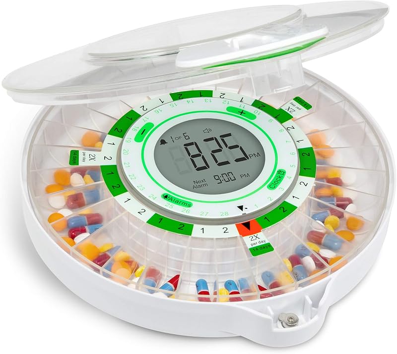 LiveFine Automatic Pill Dispenser for Elderly, 28-Day Supply, Clear Lid | For caregivers managing dementia patient's meds - a locking cover and dosage rings for up to 9 daily alarms simplify dosing.