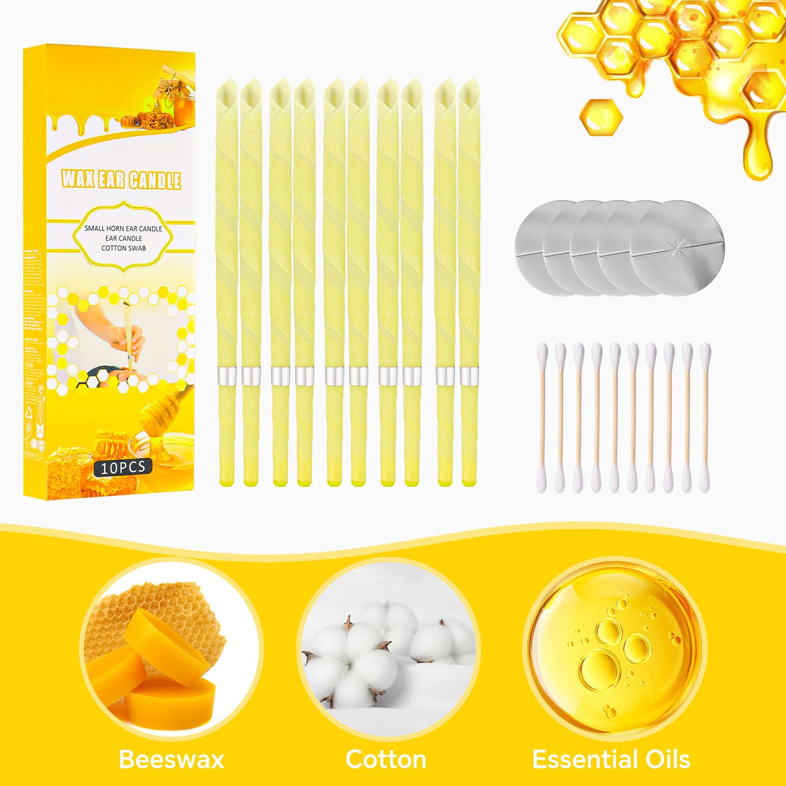 Coni Orecchie Cerume, 10 Candele Orecchie Cerume, Candele Naturali Auricolari in Cera D'api, Per Rilassare la Pelle, Ridurre lo Stress, Migliorare il Sonno (Giallo)