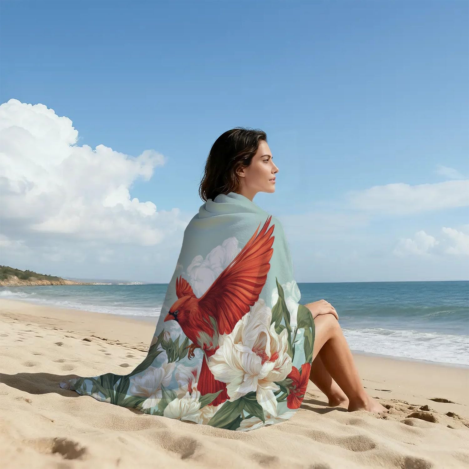 Natürlich, Floral-Prints Strandtuch 230 x 210 cm - Strandtuch trandtuch Leichtdünn Weich Farbintensive Vögel, Wolken,für Strand, Pool, Yoga, Picknick