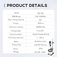 Vista 5 de LAB FISH Overhead Stirrer Lab Stirrer Stirring Rod and Stainless Steel Stand Mixer Adjustable Speed 100-1500RPM Capacity 20L 20000 mPas Timing