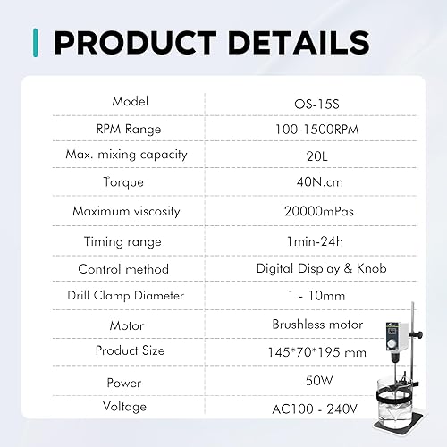 Miniatura 5 de LAB FISH Agitador de laboratorio Varilla de agitación y soporte de acero inoxidable Mezclador velocidad ajustable 100-1500RPM Capacidad 20L 20000