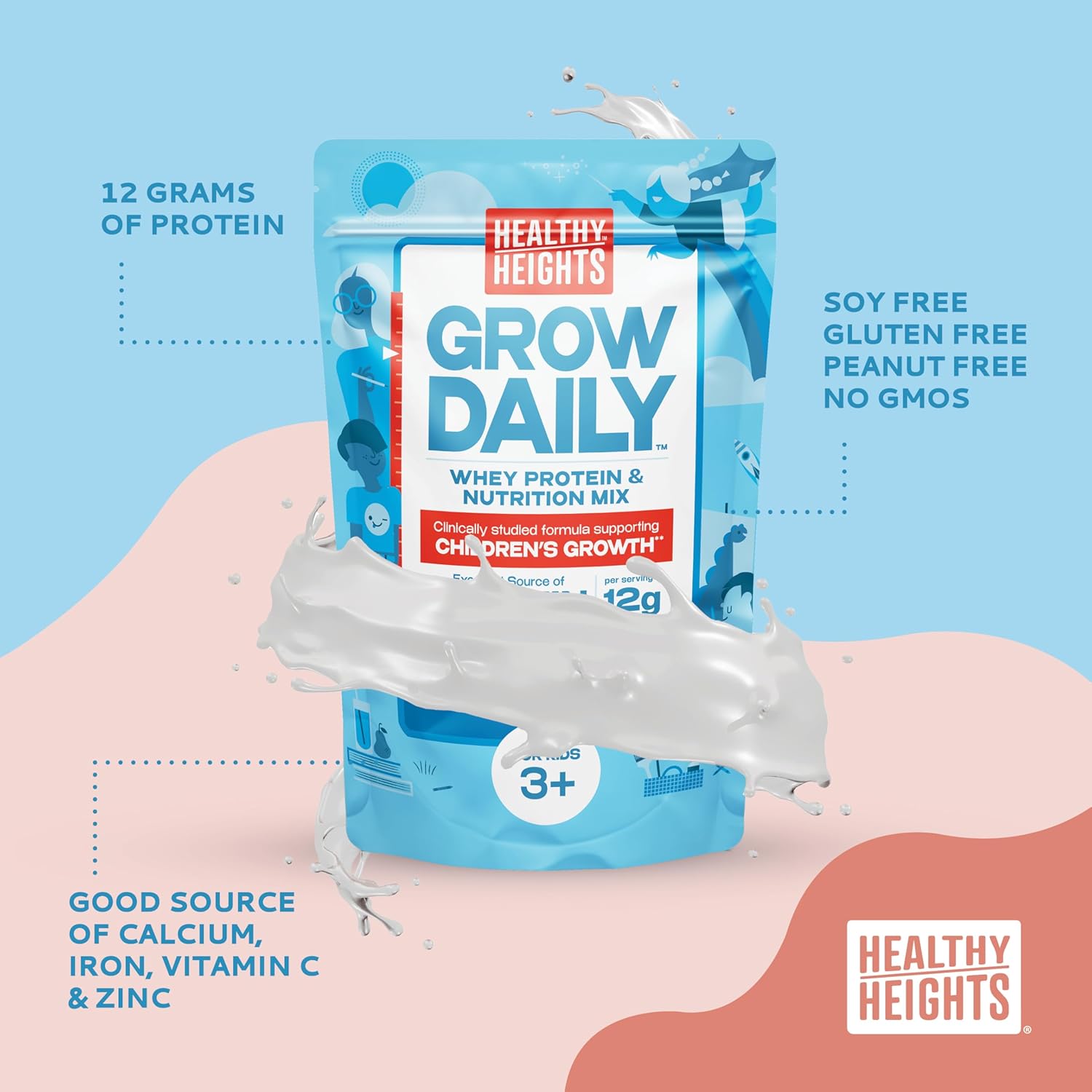 Healthy Heights Grow Daily Kids Protein Drink Mix (Plain) - High Protein Shake for Kids 3+
