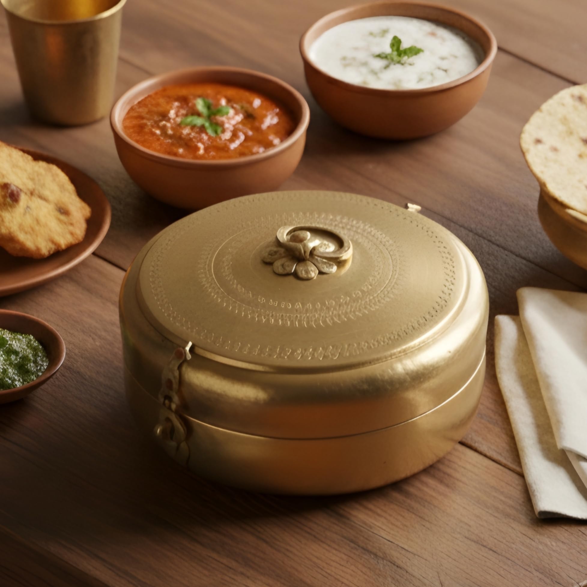 Vintage Pure Brass Roti Dabba with Beautiful Engraving | Antique Peetal Chapati Storage Box | Traditional Brass Kitchen Storage Container | Decorative Collectible - 6 x 3 Inch-image-25