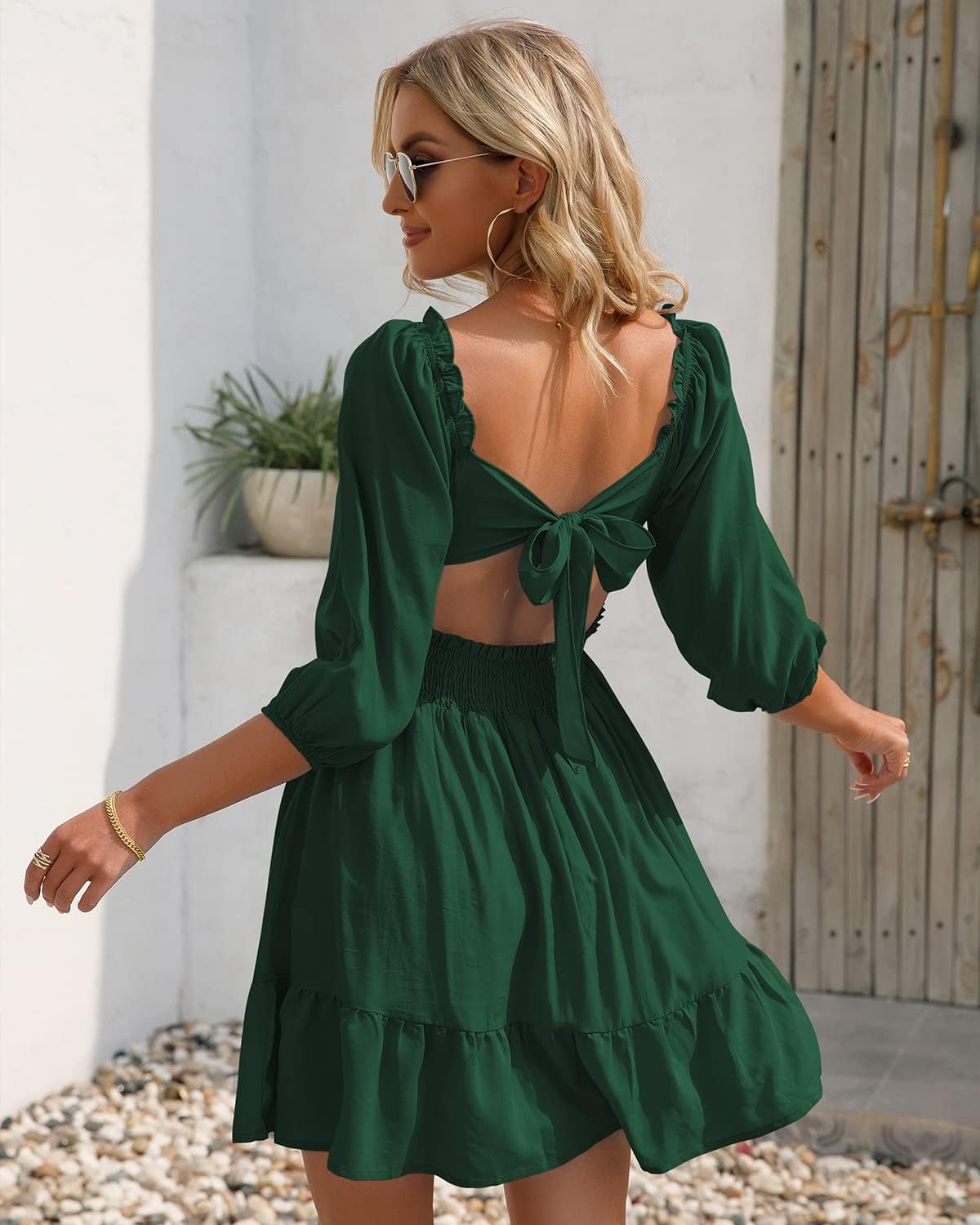 Phortric Womens Summer Tie Back Dress Square Neck Lantern Sleeve Off Shoulder Casual Mini Dresses - Image 3