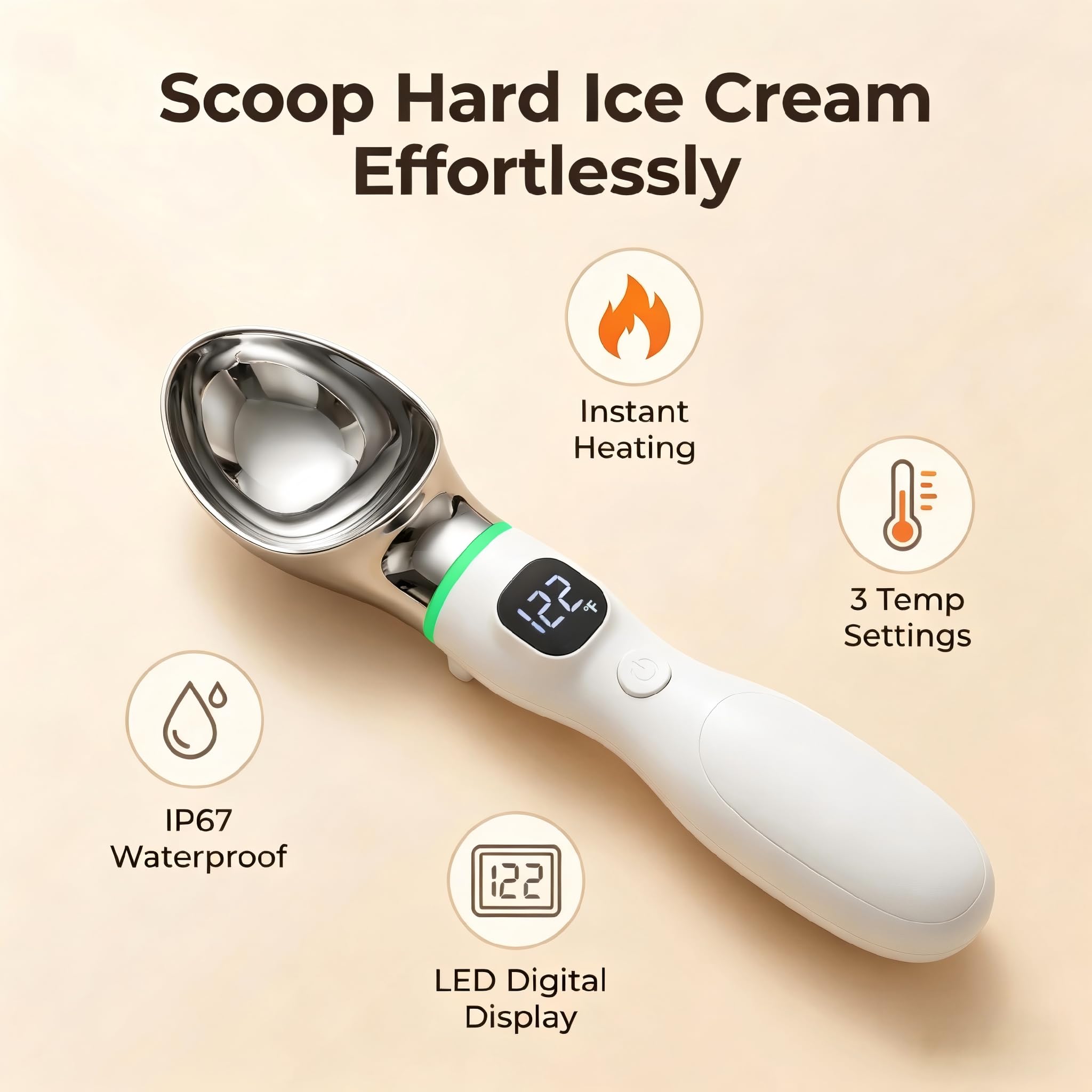 Cuillère à glace chauffante rechargeable, cuillère électrique chauffante avec écran LED et étanchéité IP67, chaleur réglable jusqu'à 70 °C pour crème glacée, gelato, sorbet, yaourt glacé, beurre ferme