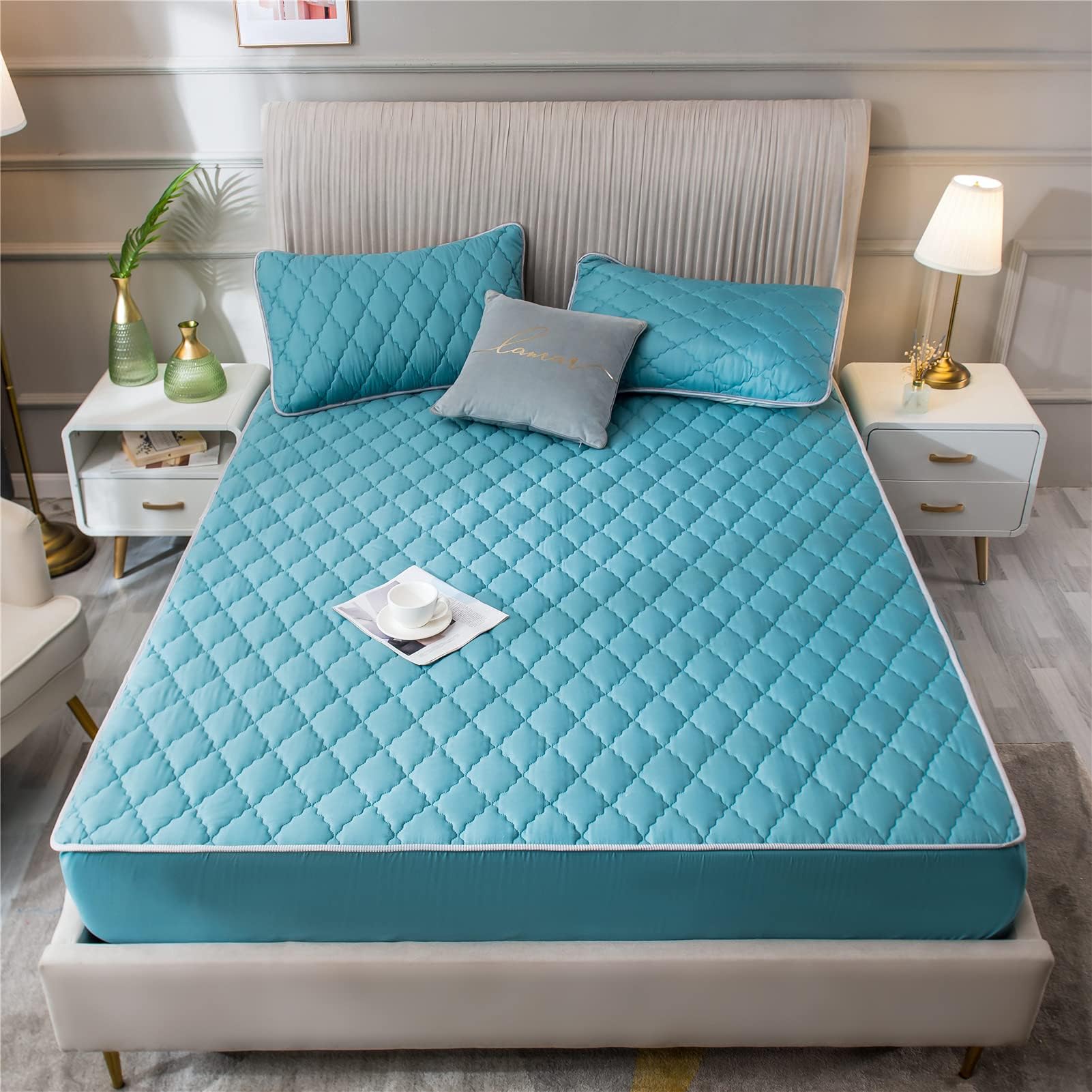 Extra Deep Quilted Waterproof Mattress Protector Highly Absorbent Hotel Quality Fitted Bed Cover Breathable Hypoallergenic Ultra Soft Anti Dust Mite Topper Double King Super (Light blue,180*200*30cm)