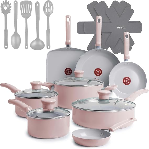 T-Fal Refresh Ceramic Pots and Pans Set, Nonstick Cookware, 20-Piece, Oven Safe to 350F, Ceramic Cookware Set, Stockpot, Griddle, Frying Pans, Utensils, Dusty Rose