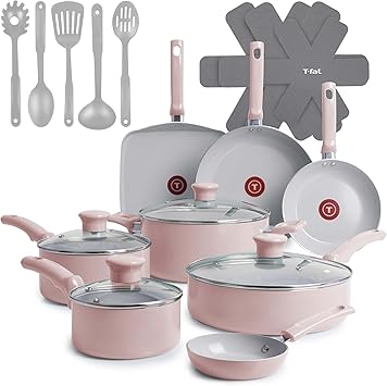 T-Fal Refresh Ceramic Pots and Pans Set, Nonstick Cookware, 20-Piece, Oven Safe to 350F, Ceramic Cookware Set, Stockpot, Griddle, Frying Pans, Utensils, Dusty Rose
