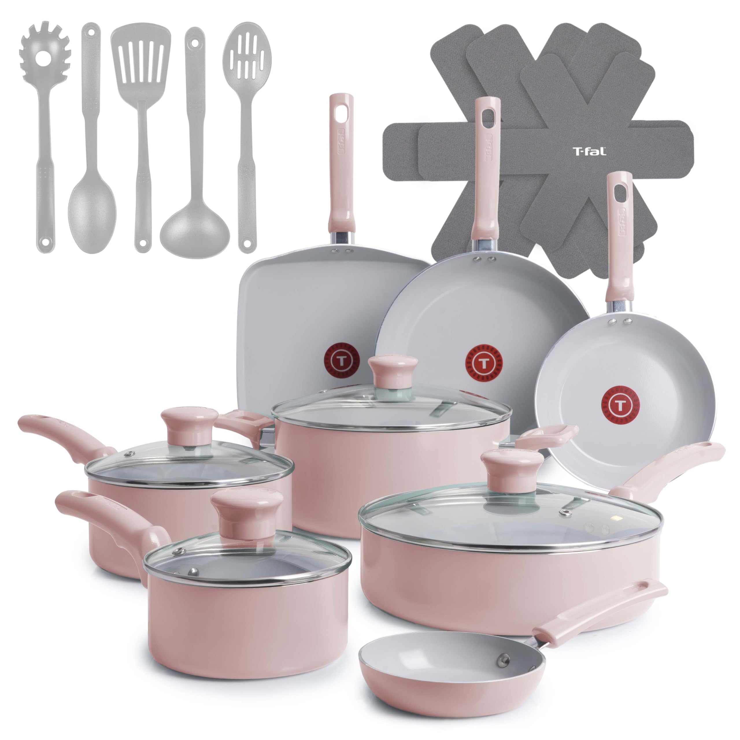 T-Fal Refresh Ceramic Pots and Pans Set, Nonstick Cookware, 20-Piece, Oven Safe to 350°F, Ceramic Cookware Set, Stockpot, Griddle, Frying Pans, Utensils, Dusty Rose