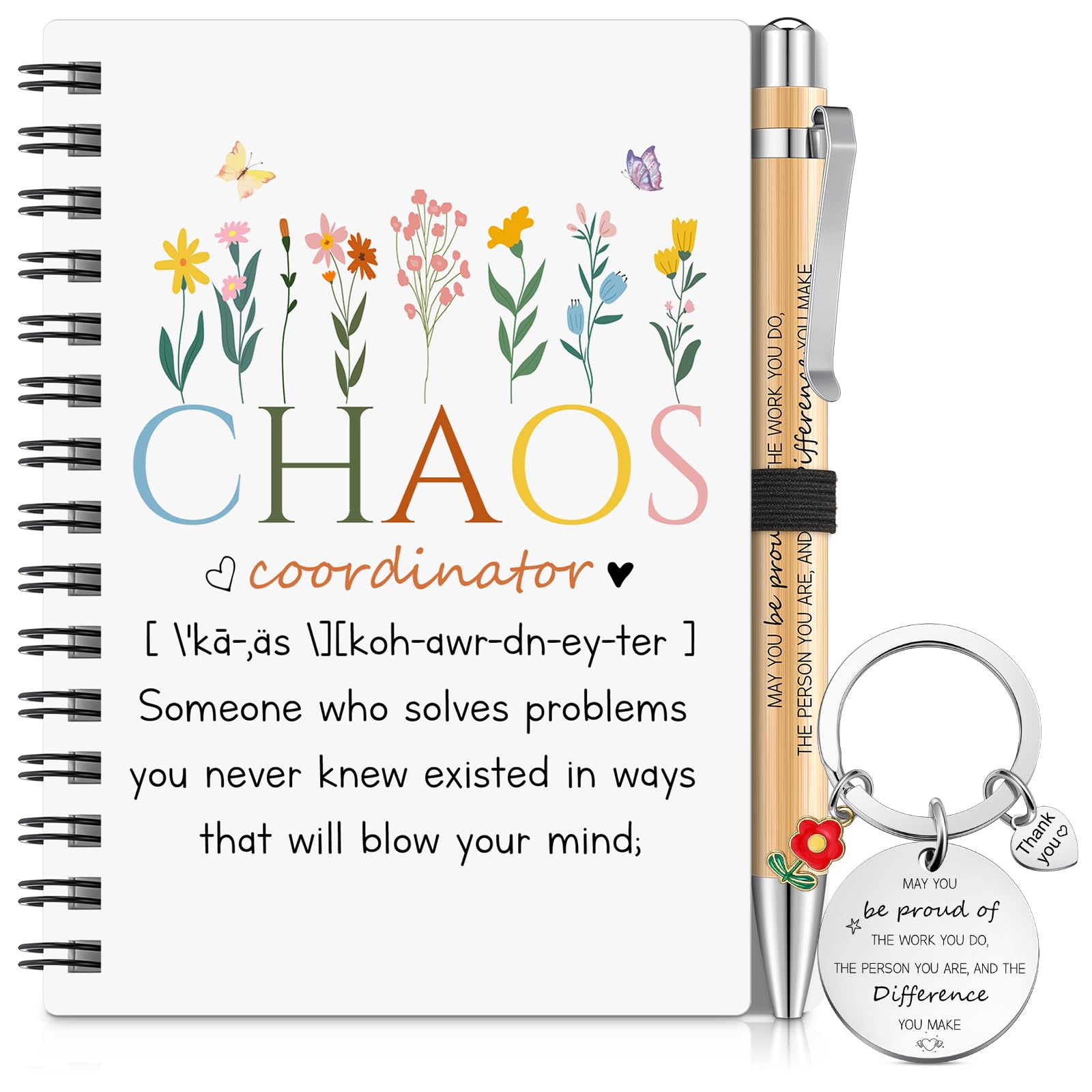 Sinmoe 3 Pcs Thank You Gifts for Teacher, Leaving Gifts for Colleagues Women, Employee Appreciation Coil Notebook Keyring Inspirational Ballpoint Pen Kraft Lined Notepad New Job Gift for Women