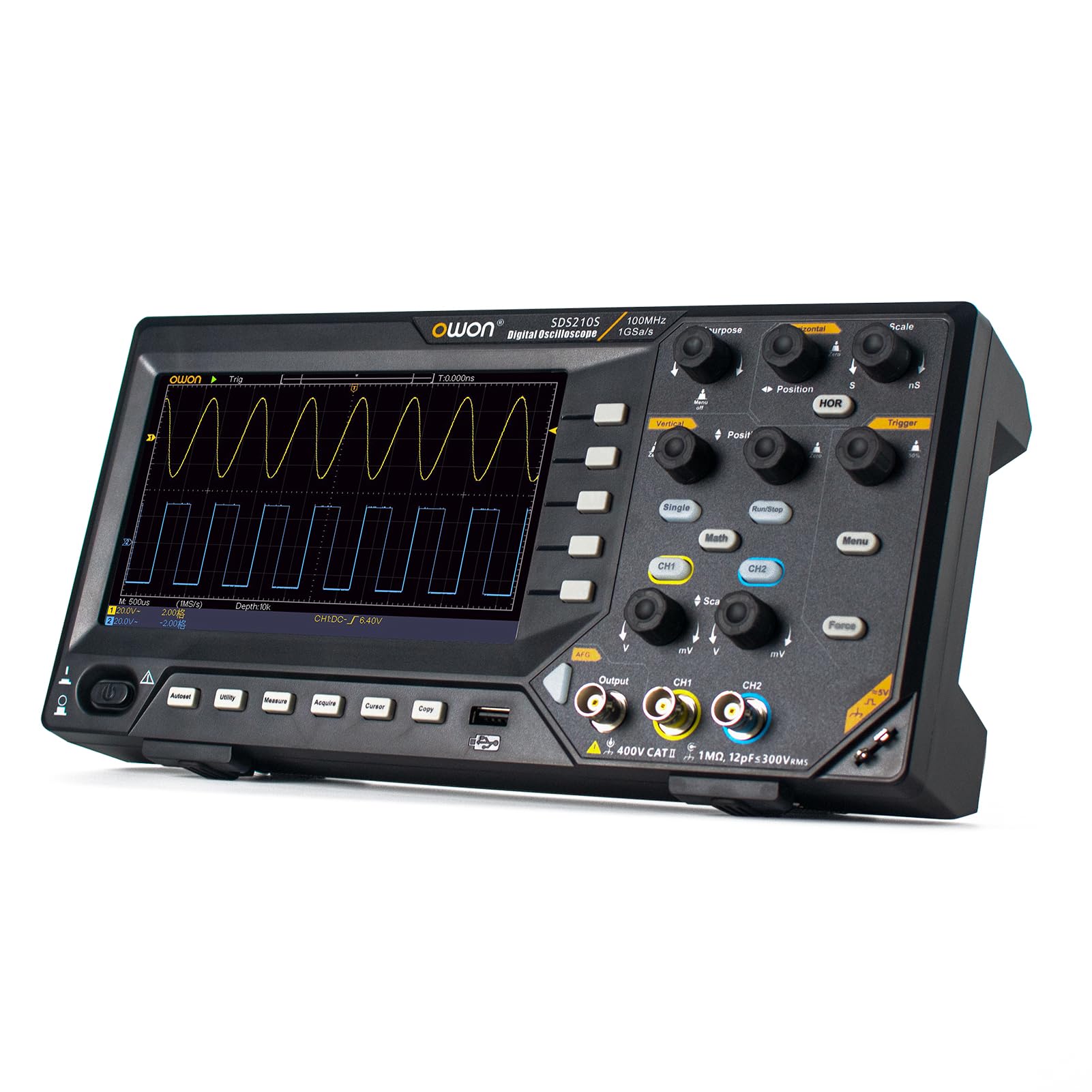 OWON SDS210S Osciloscopio digital 100 ancho de banda 2 canales 25 MHz forma de onda aleatoria 1 GS/s FFT+ 25MHz Generador de señal de 14 bits
