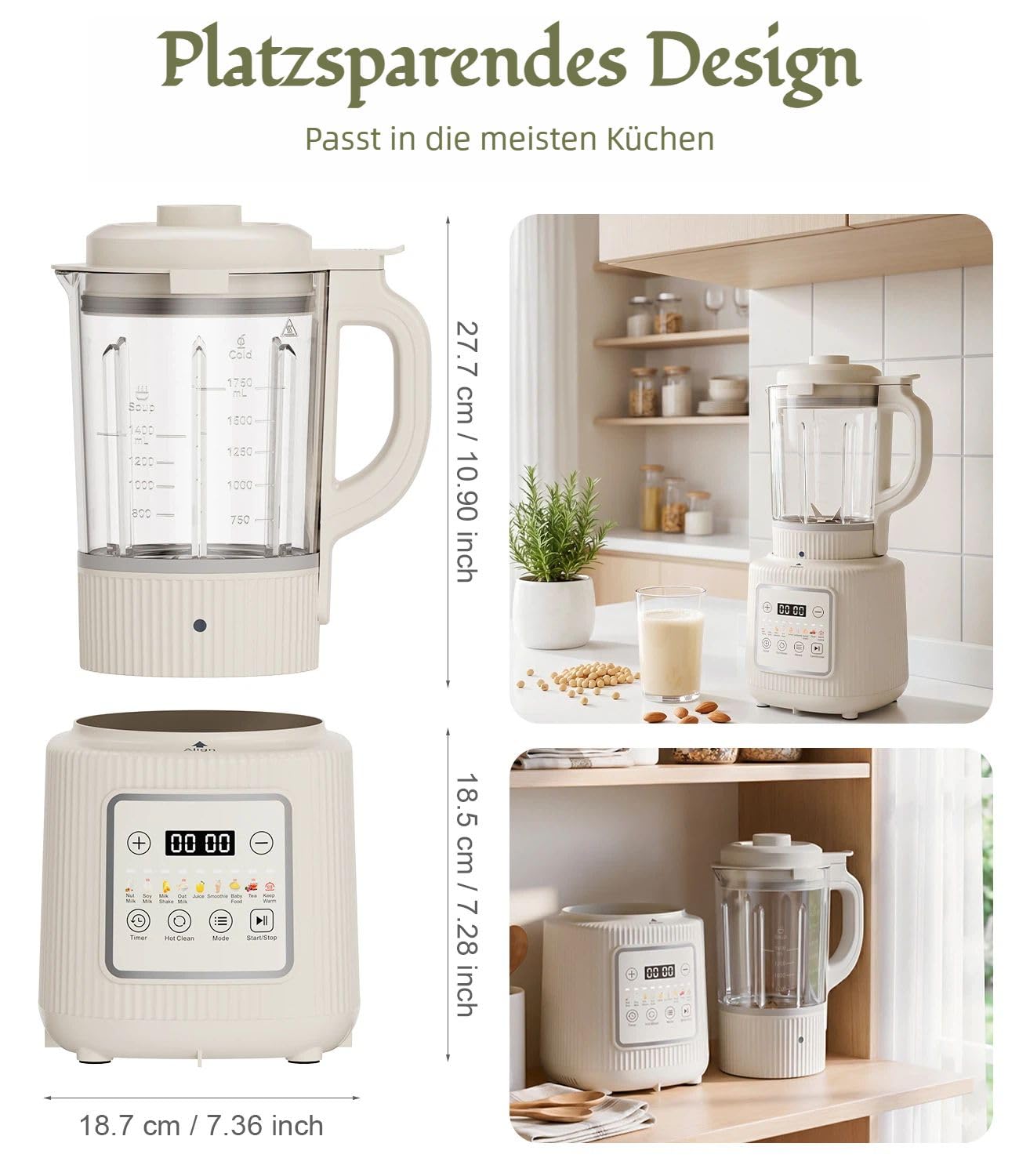 Nussmilch Maschine 11-in-1, 1,75L Automatisch Sojamilchbereiter, Für Selbstgemachte Pflanzenmilch, Hafer, Soja, Milchshake, 24H-Timer, 6H-Warmhaltefunktion, Automatische Reinigung
