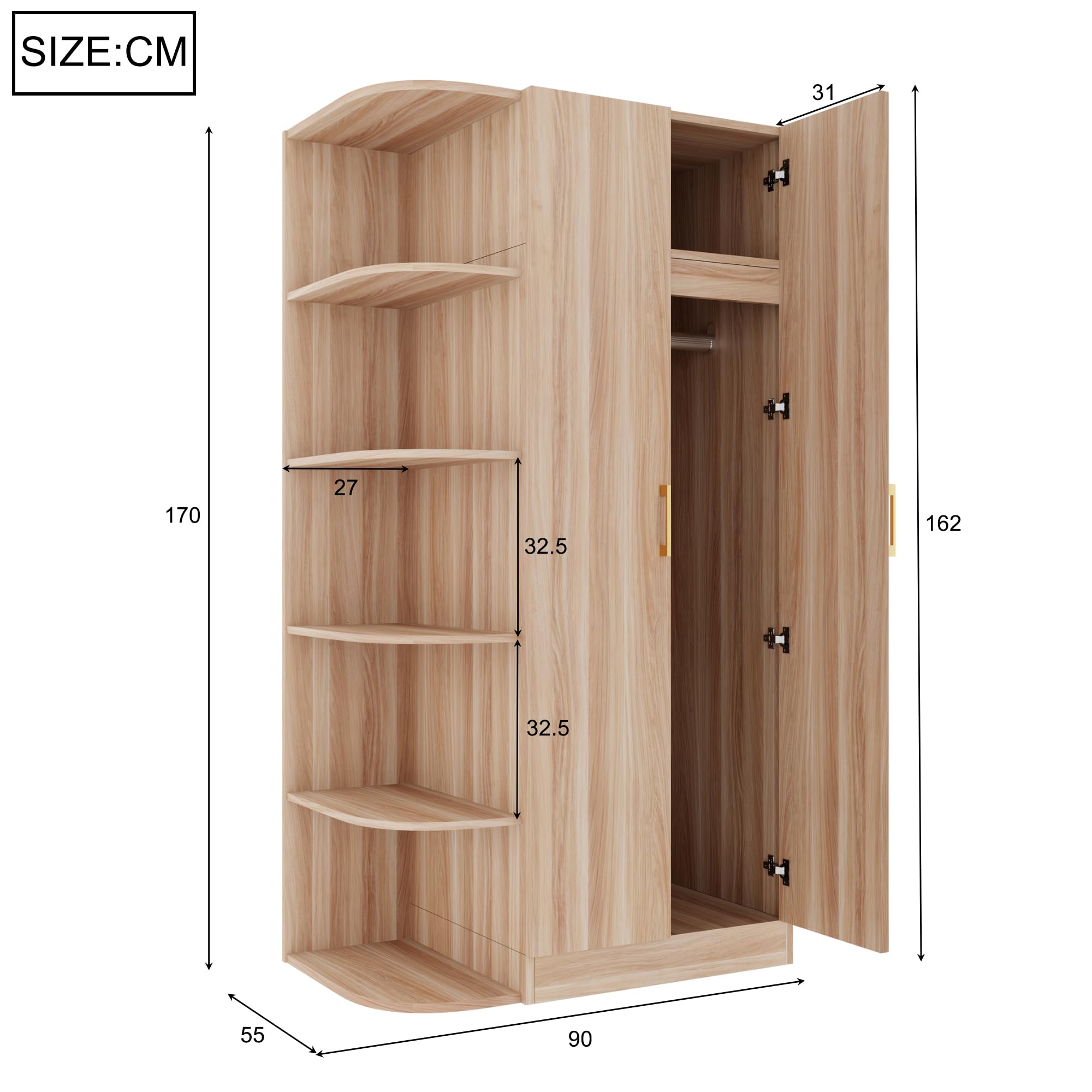 SUKY Armario de 90 x 55 x 175 cm, doble puerta, estantes, cajones, color madera natural