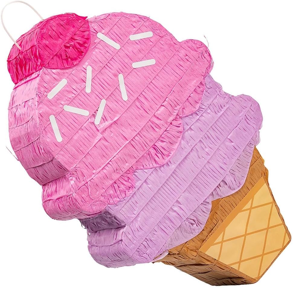 Fun Express Large Ice Cream Pinata for Birthday Party - Premium Double Scoop Design 20" Tall | Pull String or Traditional Style for Kids & Adults | Sweet Themed Decorations