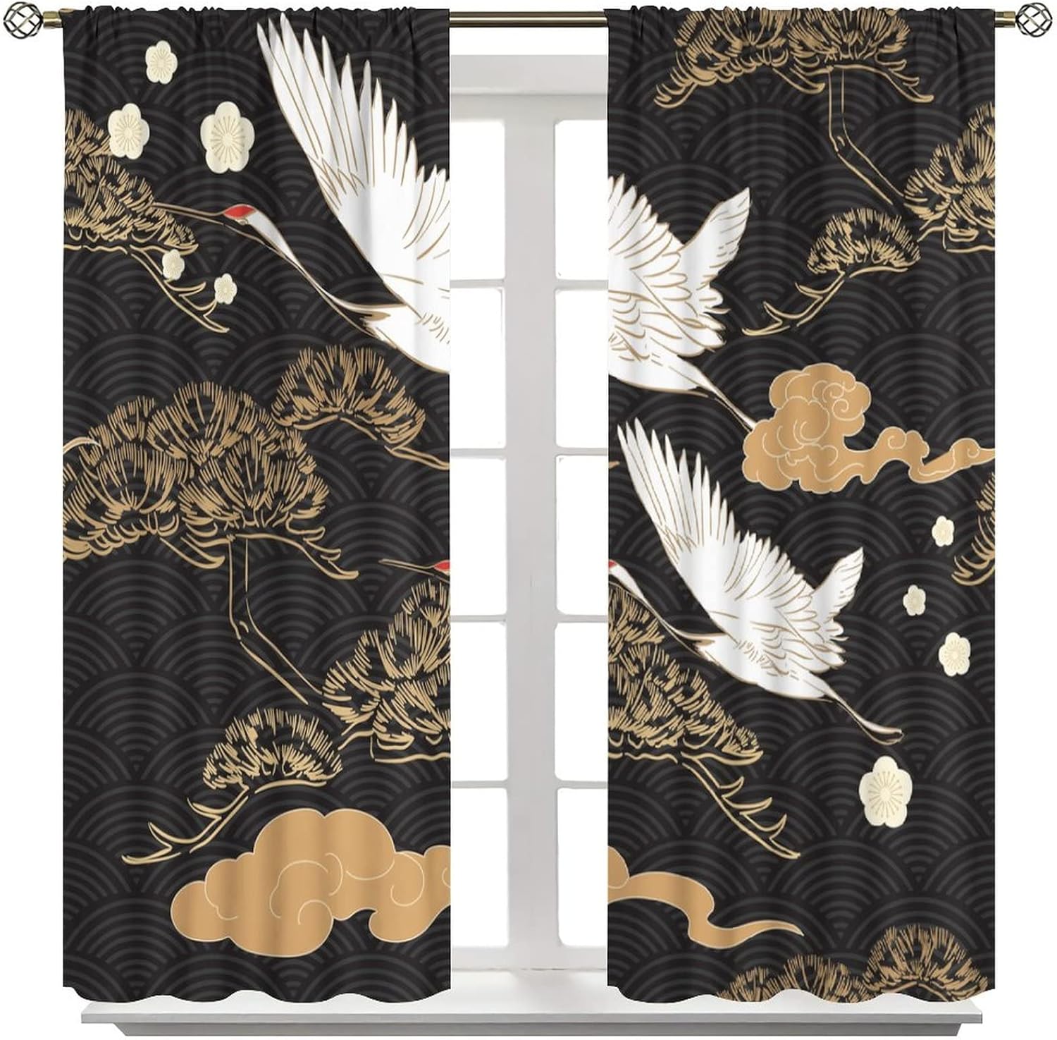 Fairy Crane Curtains Black Gold Plant Traditional Chinese Style Japanese Style Theme Art Bedroom Living Room Decor Rod Pocket Blackout Window Drapes 2 Panels Set 42x45in