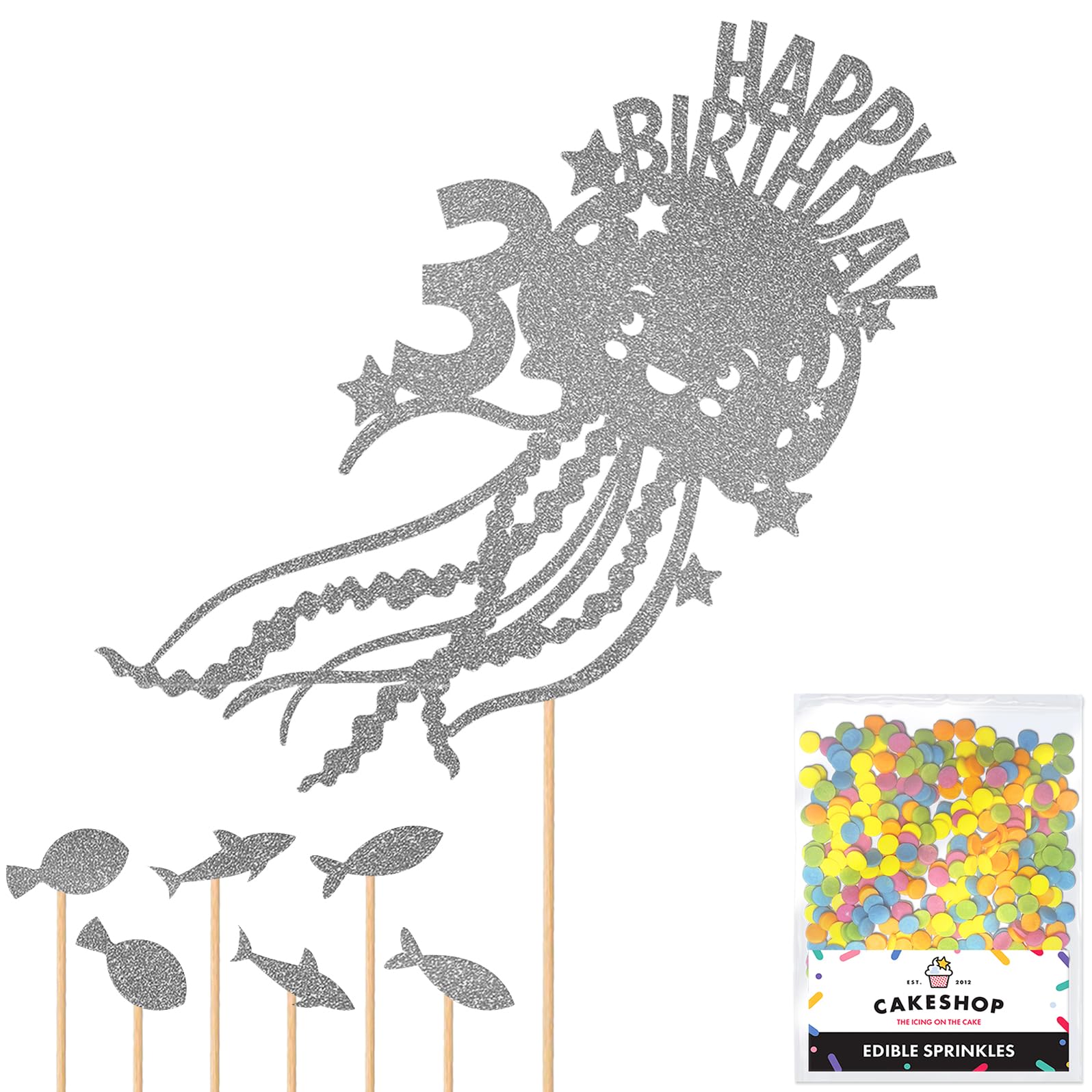Personalised Birthday Jellyfish Glitter Cake Topper- Dark Silver Any Custom Name Glitter Cake Decoration and Sprinkles - Happy Birthday Decorations - Personalised Toppers for Cakes by Cakeshop
