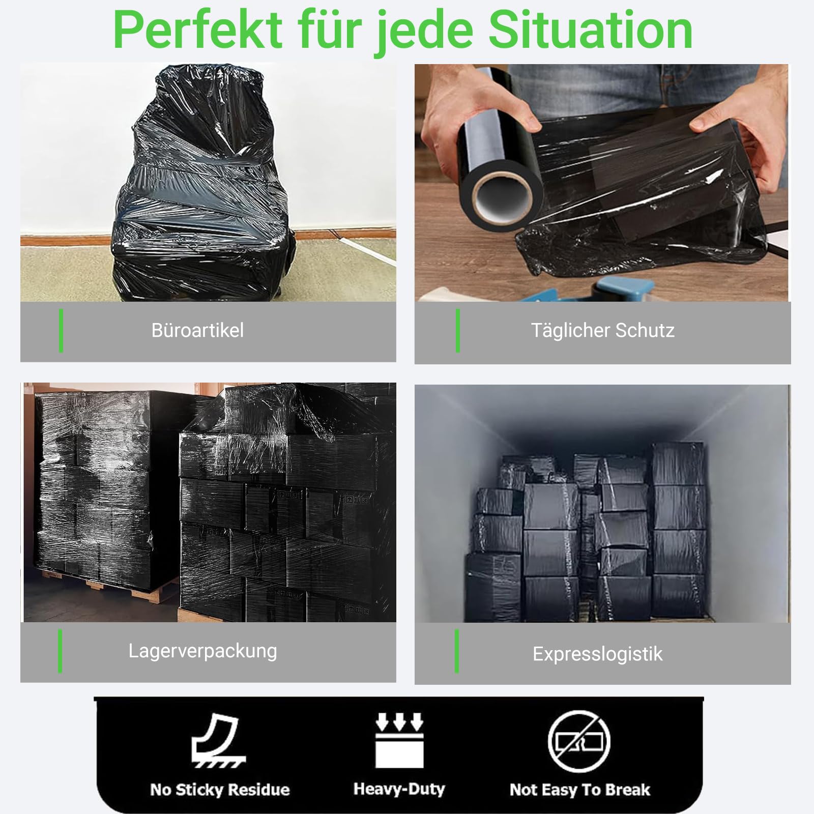 2 Rollen Schwarze Stretchfolie mit Griffen, 38,1 cm x 300 m, Schrumpffolie, Umzugsfolie, Lieferanten, 60 Gauge, Kunststofffolie für Palettenverpackung, Versand und Oberflächenschutz (A2)