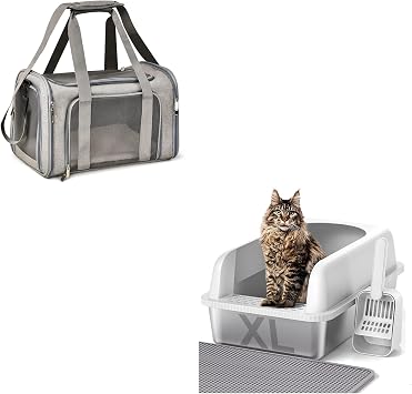 Henkelion Cat, Dog Carrier for Small Medium Cats Puppies up to 15 Lbs, Airline Approved Soft Sided - Grey, Stainless Steel Cat Litter Box with Lid, 24 L x 16 W x 11.8 H, Include Cat Mat and Scoop