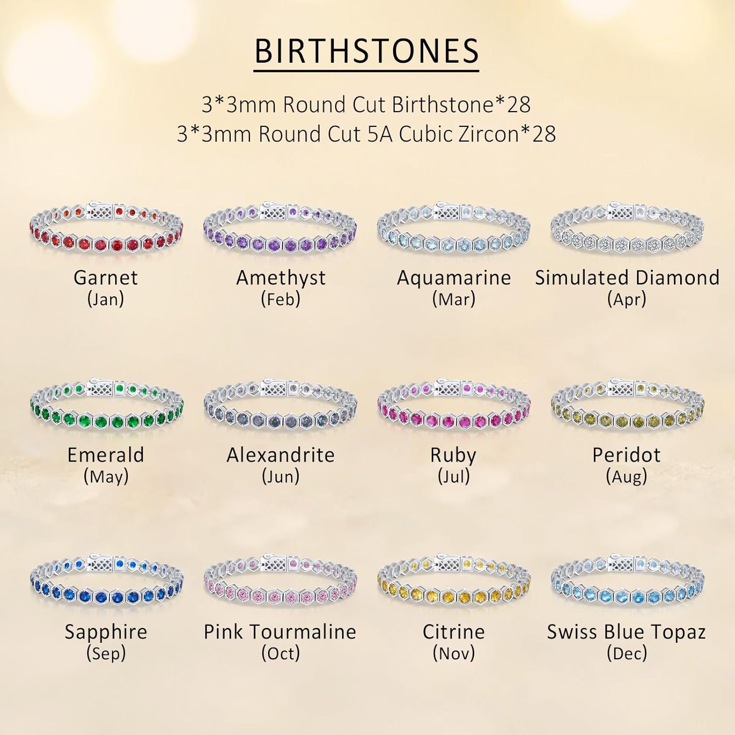 Birthstone Tennis Bracelets for Women Birthday Gifts 925 Sterling Silver Hexagon White Gold Bracelets Round Cut 5A Cubic Zirconia Prong Setting 7 Inch Anniversary Jewelry Gift - Image 5
