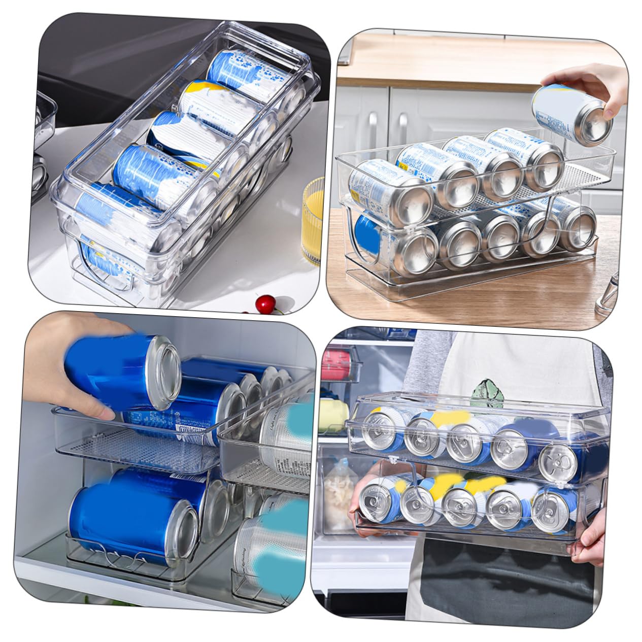 Estante para latas de bebidas para nevera, dispensador de latas de refrescos rodantes con tapa, soporte de almacenamiento de bebidas de cocina para nevera, ahorro de espacio, jarra de bebidas para