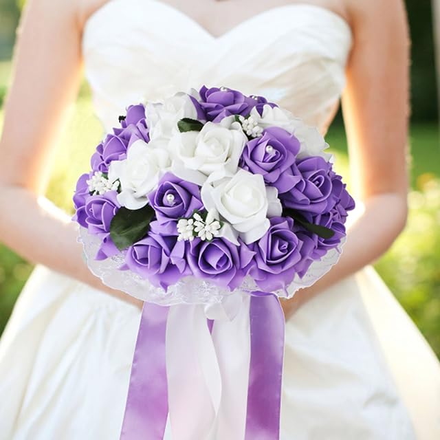 vlovelife Mix White & Lavender Rose Wedding Bouquet Bridal Bridesmaid Artificial Foam Rose Flower Handmade Posy Rhinestone Pearl Lace Satin Ribbon Decor