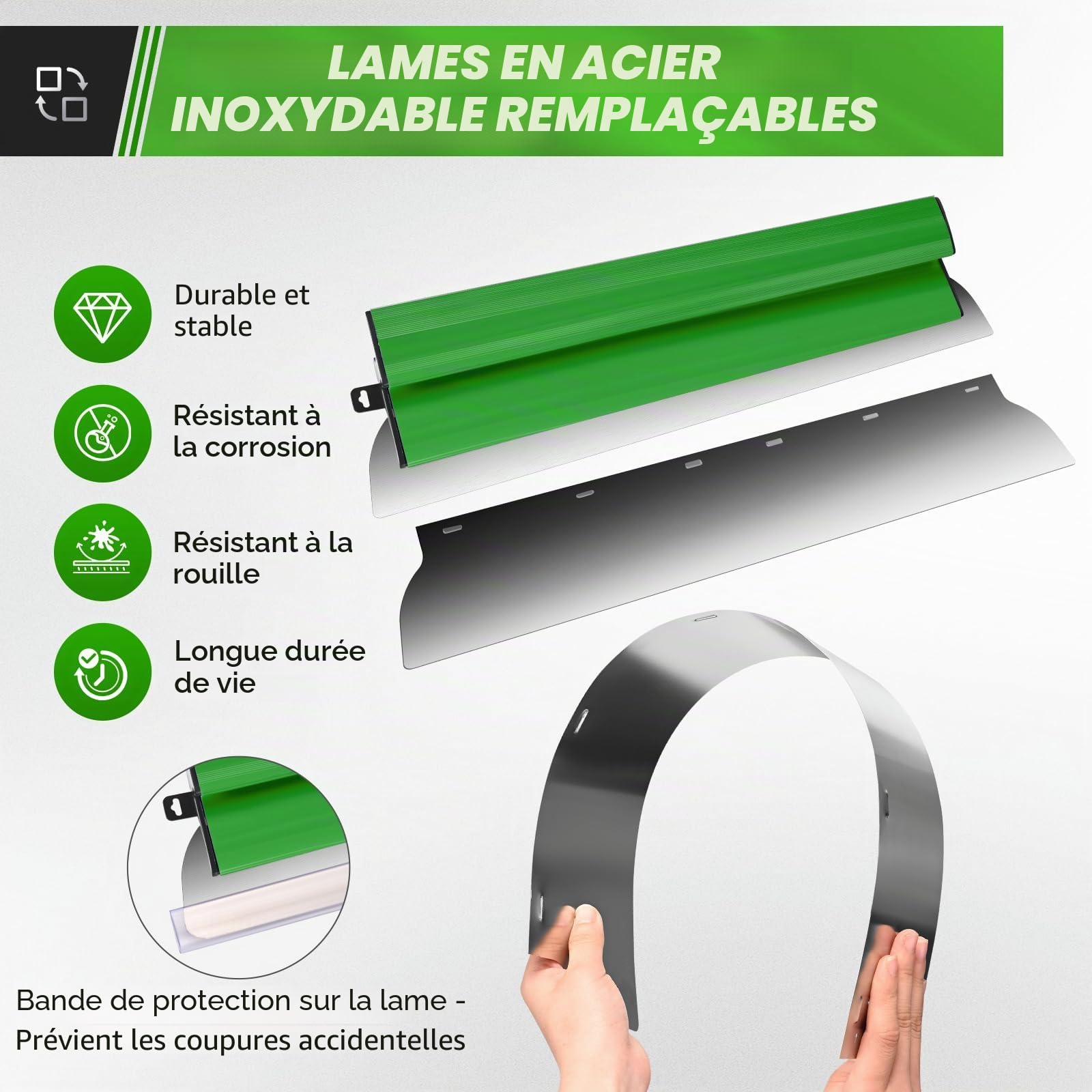 Set de spatules de surface professionnelles dans un coffret - 5x spatules de surface (demi-lune 190 mm, 250 mm, 400 mm, 600 mm, 800 mm) - 2x spatules à main - tige télescopique en aluminium