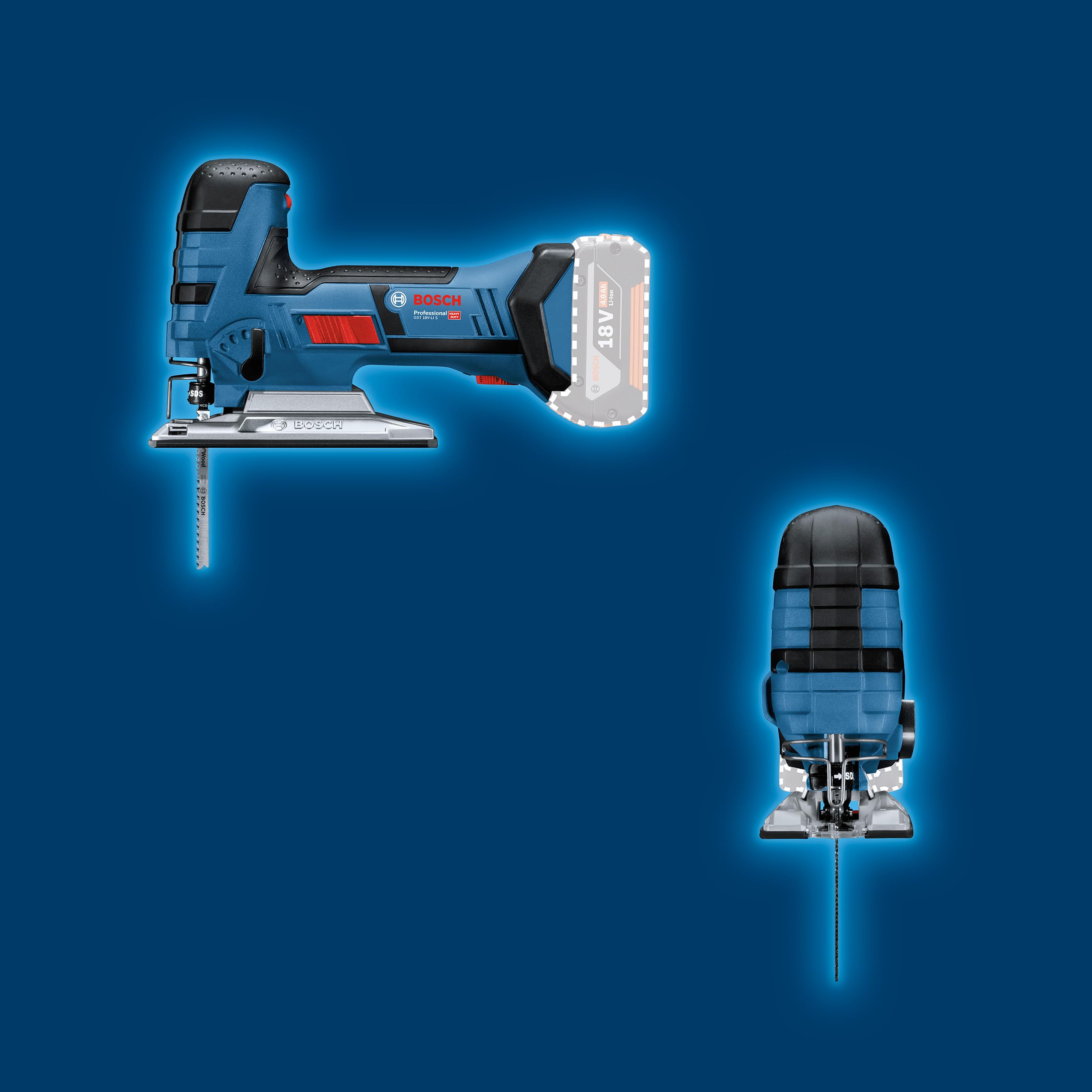 Bosch Professional 18V System scie sauteuse sans-fil GST 18 V-LI S (poignée champignon, profondeur de coupe bois/alu/métal : 120/20/8 mm, 3 lames, pare-éclats, sans batterie ni chargeur, dans L-BOXX)