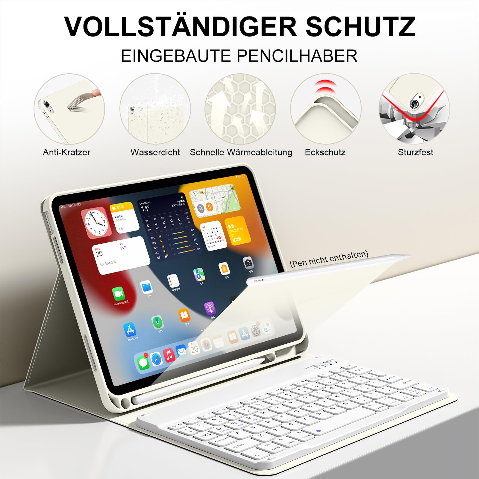 Custodia Con Tastiera Per IPad 10/11 Generazione ZKTUYU - Magnetica, Portapenne, Bianco Crema, QWERTZ