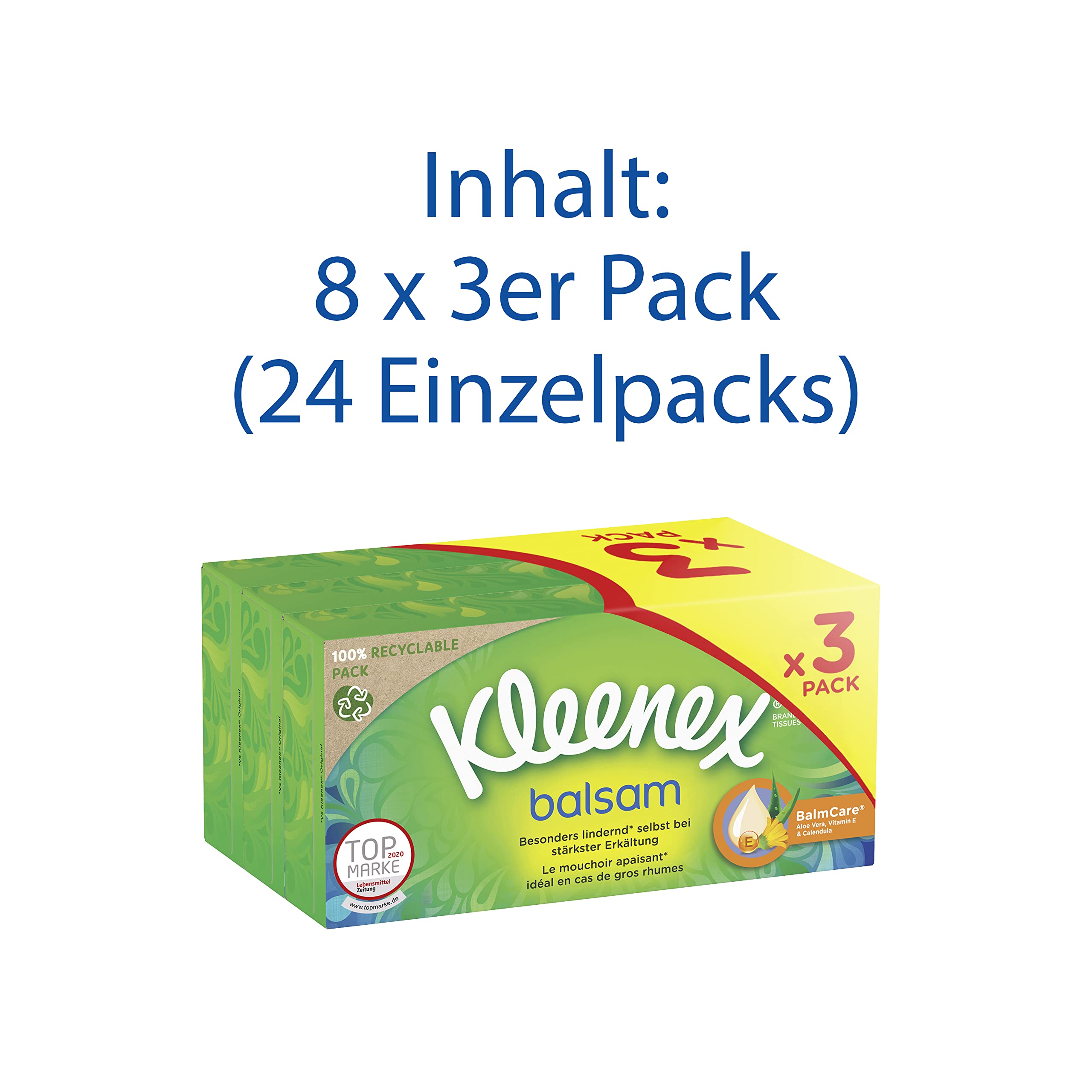 Kleenex Balsam Taschentücher Trio-Box, 4-lagig, 8 x (3 x 56 Tücher)